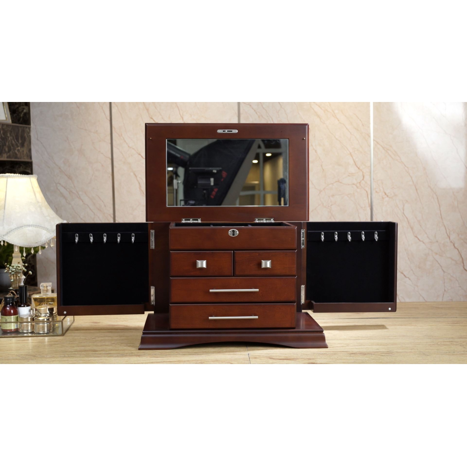 Grande boîte de rangement pour coffre à bijoux moderne au fini en bois espresso foncé d’Arolly