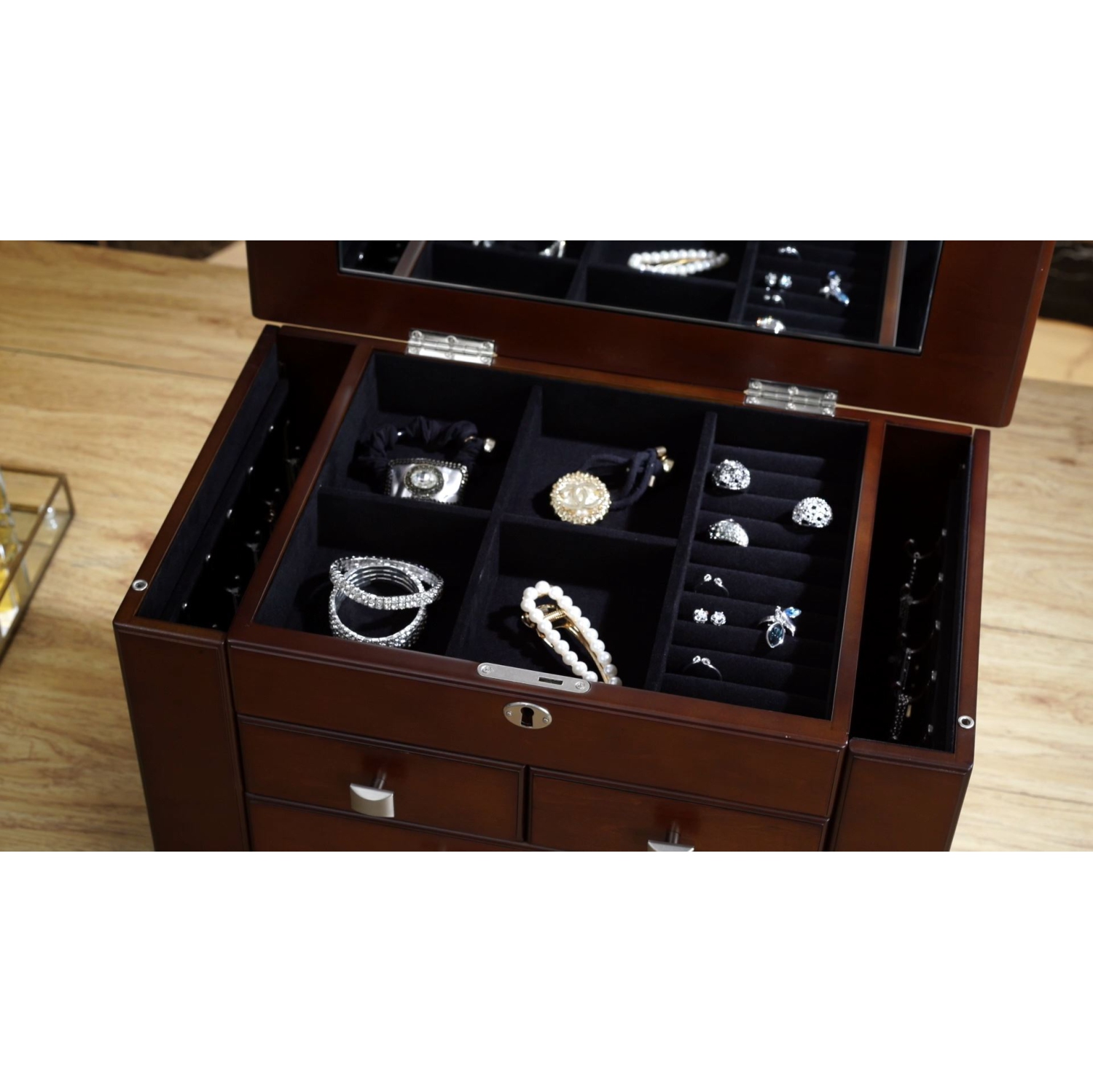 Grande boîte de rangement pour coffre à bijoux moderne au fini en bois espresso foncé d’Arolly