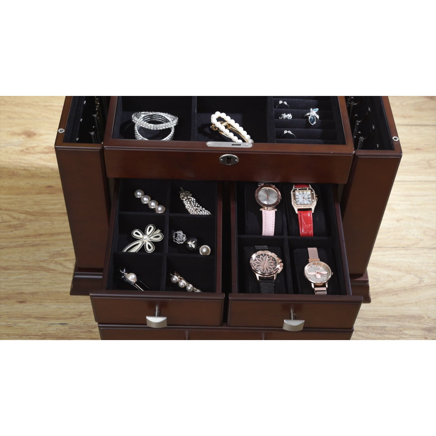 Grande boîte de rangement pour coffre à bijoux moderne au fini en bois espresso foncé d’Arolly