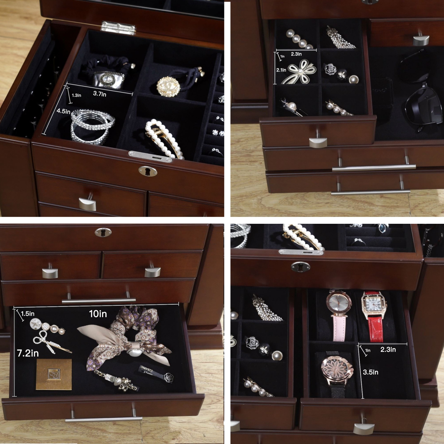 Grande boîte de rangement pour coffre à bijoux moderne au fini en bois espresso foncé d’Arolly