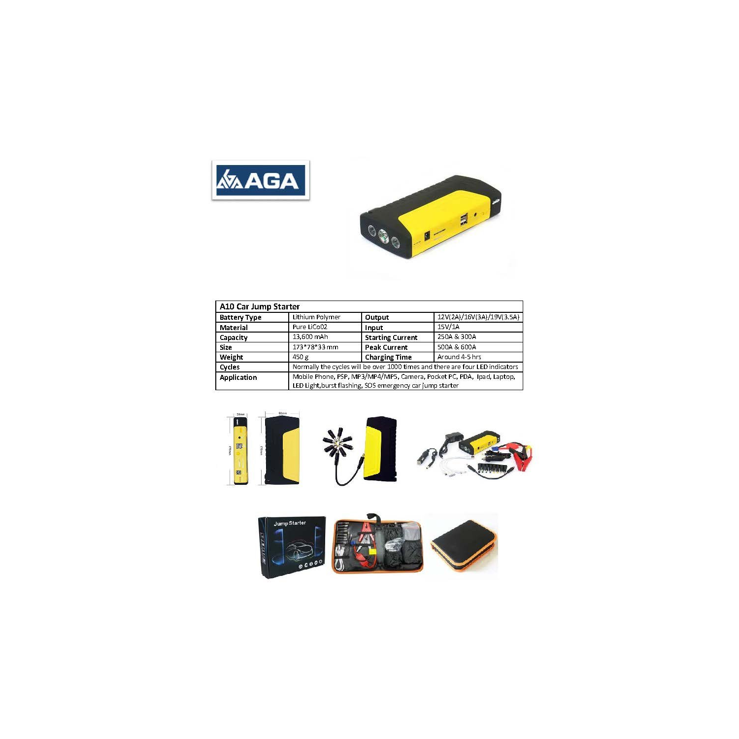 AGA A10 Red/Black 500A Peak 13600mAh Portable Power Bank and Car Jump Starter