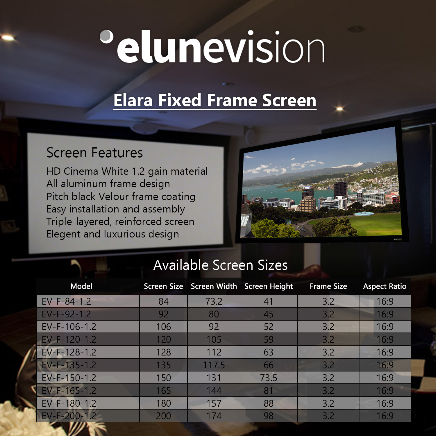EluneVision Elara 106” 1.2-16:9 Fixed-Frame Projector Screen