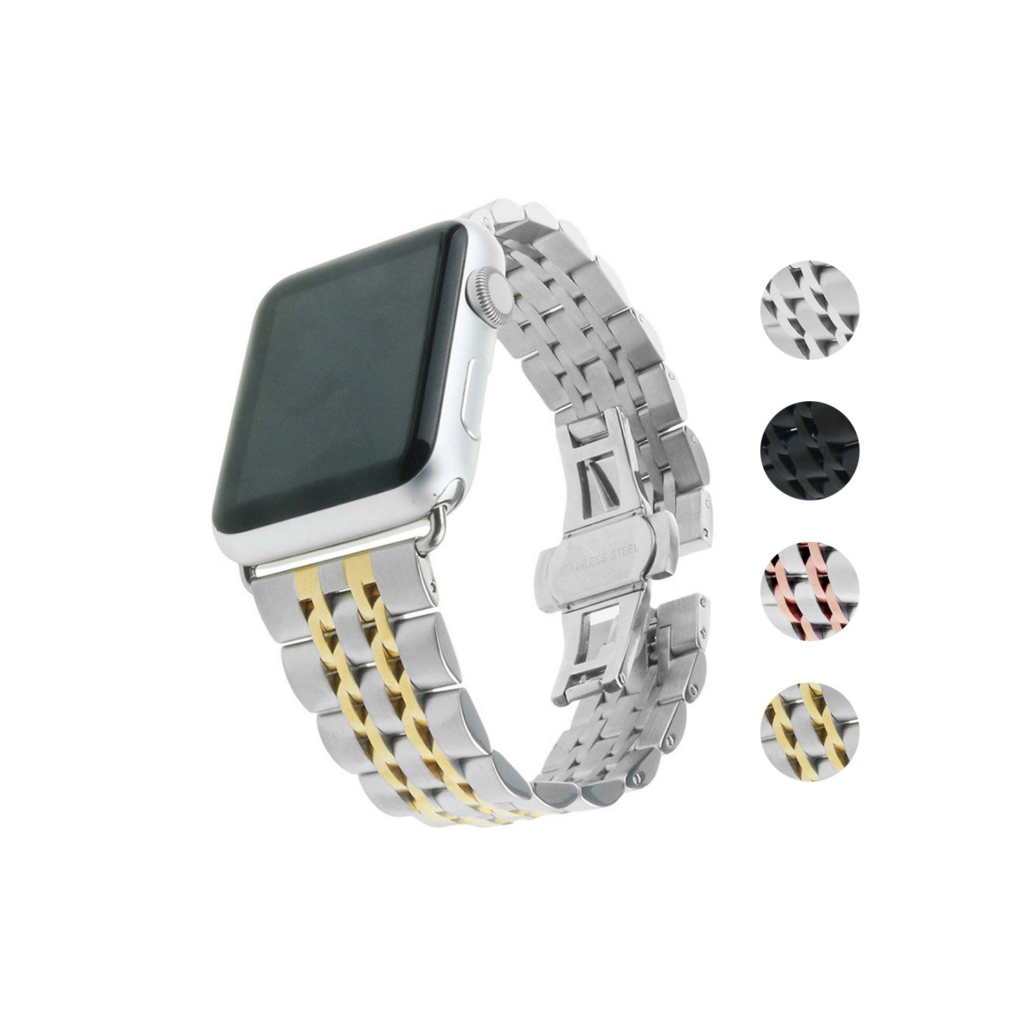 StrapsCo Stainless Steel Link Watch Band Strap for Apple Watch Series 1/2/3/4 - 42mm - Silver & Yellow Gold