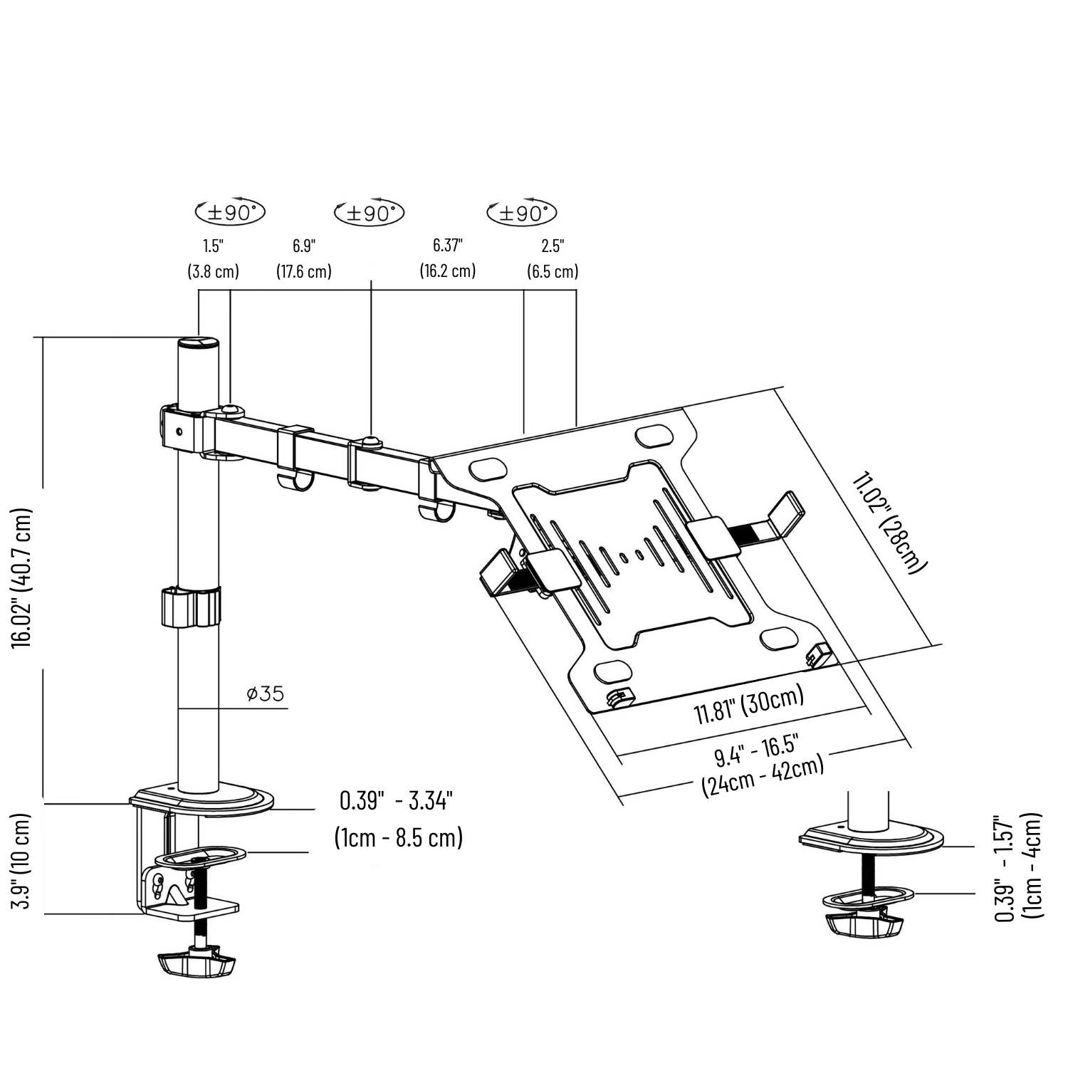 Support de bureau pour ordinateur portatif/portable AnthroDesk avec bras d’extension articulé et inclinable