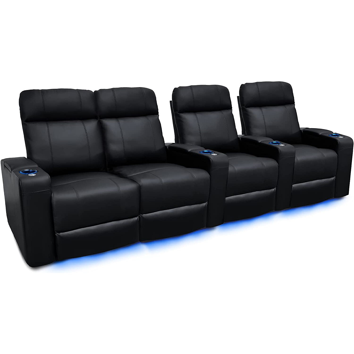 Valencia Piacenza Home Theater Seating | Premium Top Grain Nappa 9000 Leather, Power Recliner, LED Lighting (Row of 4 Loveseat Left, Black)