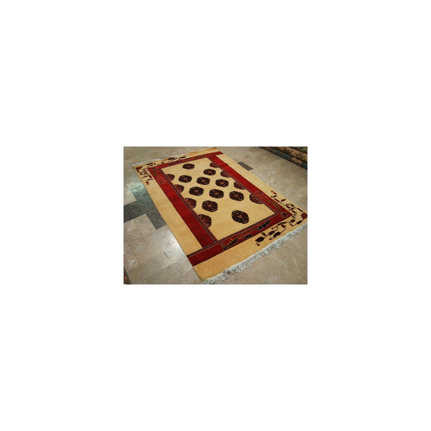 Ahmedani Elephant Foot Print Bokhara Afghan Vege Dyed Hand Knotted Carpet 7.5' x 5.0' Area Rug - Cream/Red
