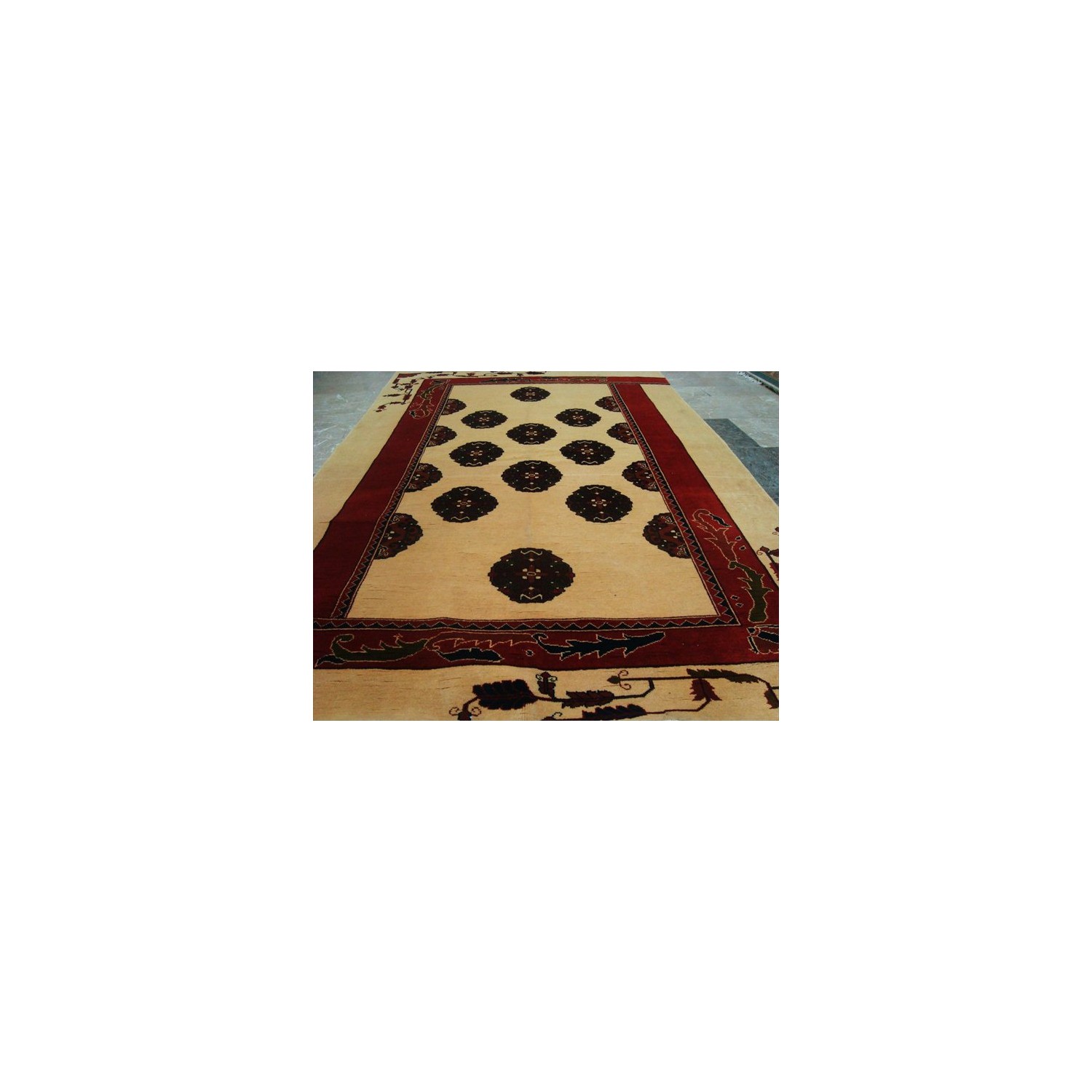Ahmedani Elephant Foot Print Bokhara Afghan Vege Dyed Hand Knotted Carpet 7.5' x 5.0' Area Rug - Cream/Red