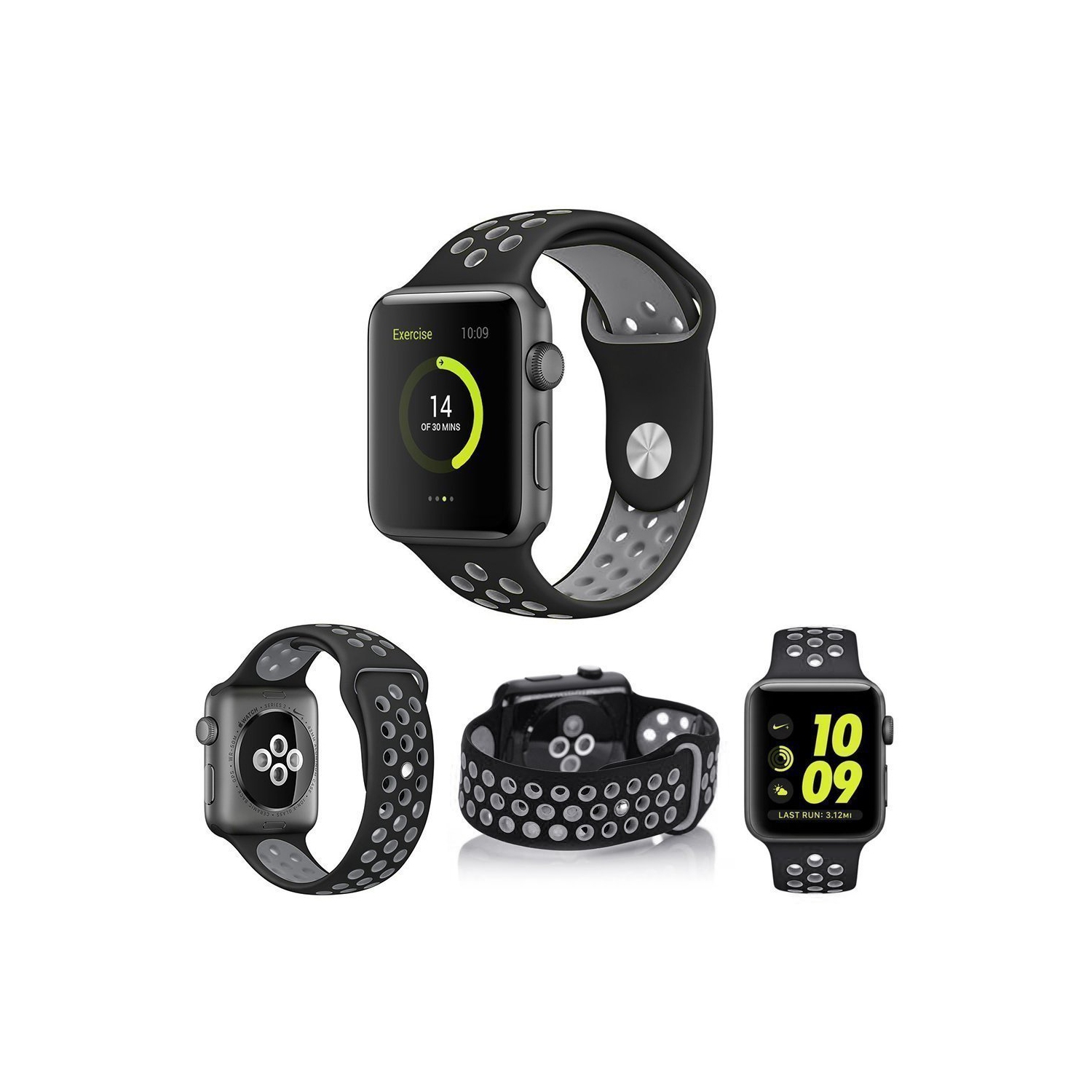 Soft Durable Sport Replacement Wrist Strap for iWatch Series 1/2/3/4/5/6/7/8 Apple Watch Band 42/44/45 mm M/L - Black & Grey