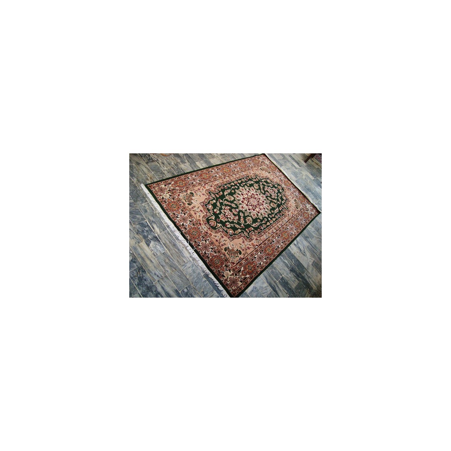 Royal Green Kasha Floral Medallion Hand Knotted Area Rug Wool Silk Carpet'