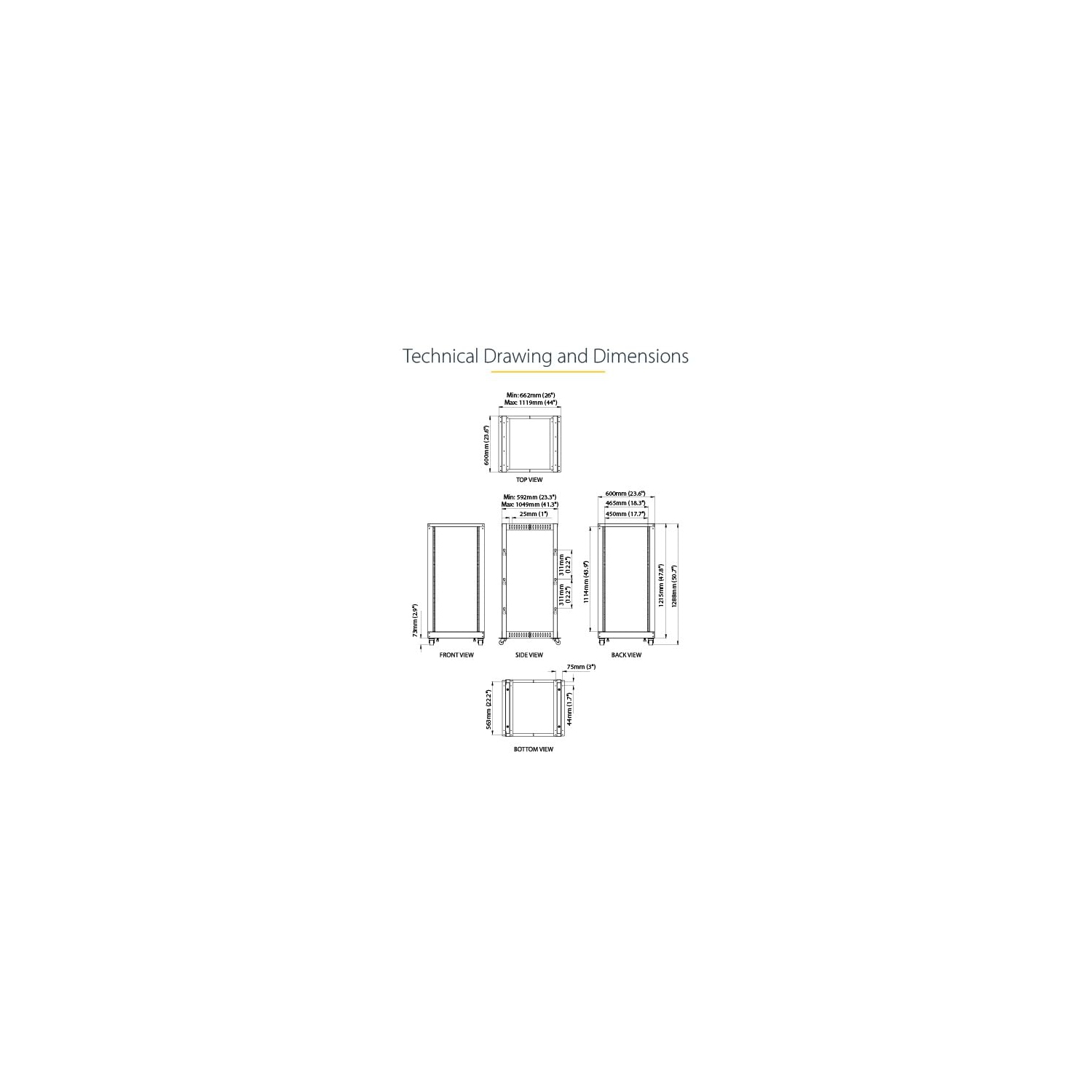 Bâti de serveur à 4 montants à profondeur réglable 25U de StarTech avec roulettes
