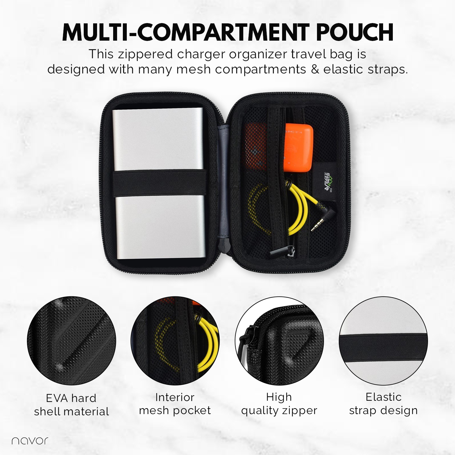 Navor – Étui de transport rigide portatif résistant à l’eau, pochette pour accessoires électroniques, range-câbles série 3