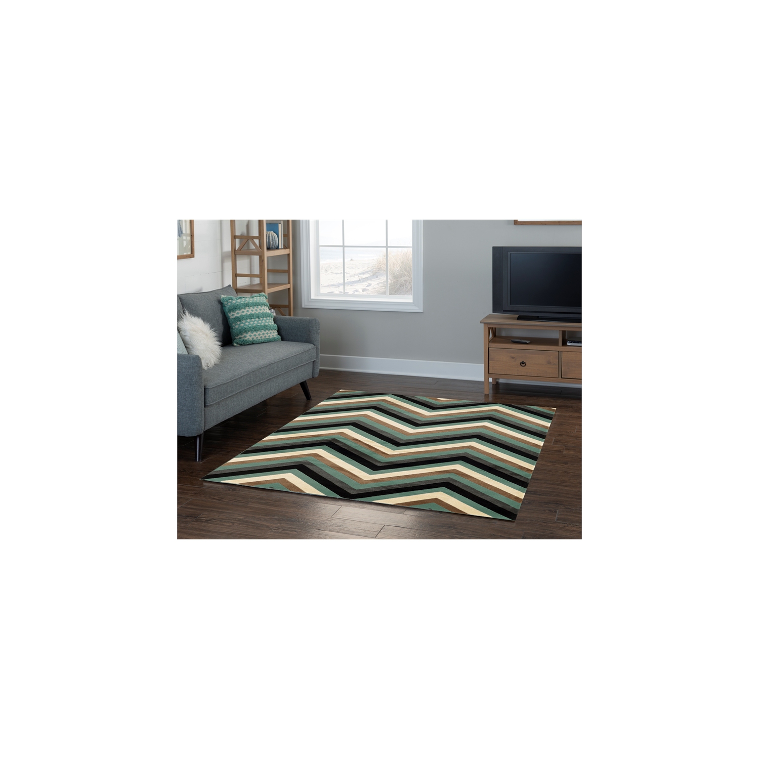 Linon RUGRA1358 5 x 7 ft. Roma Collection Chevron Indoor Area Rug - Turquoise & Grey