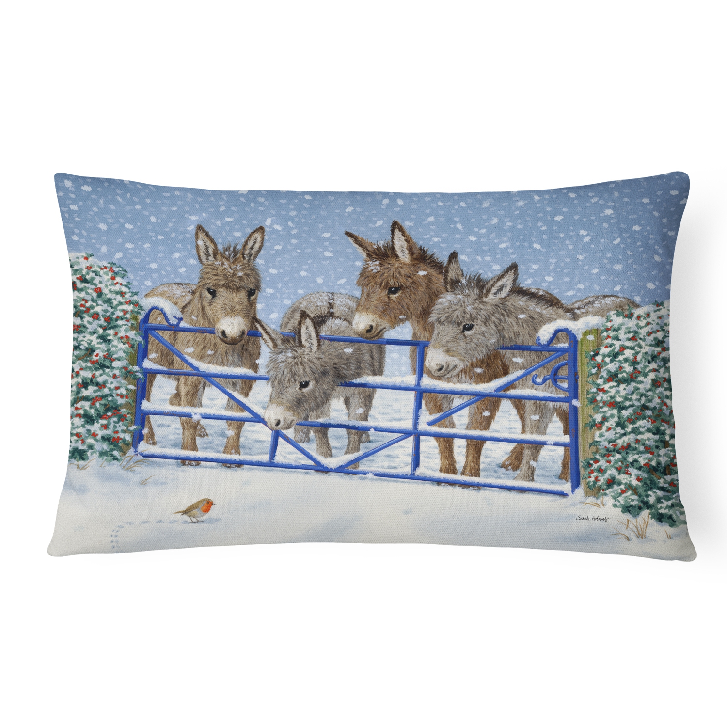 Carolines Treasures ASA2210PW1216 Donkeys & Robin at the Fence Fabric Decorative Pillow