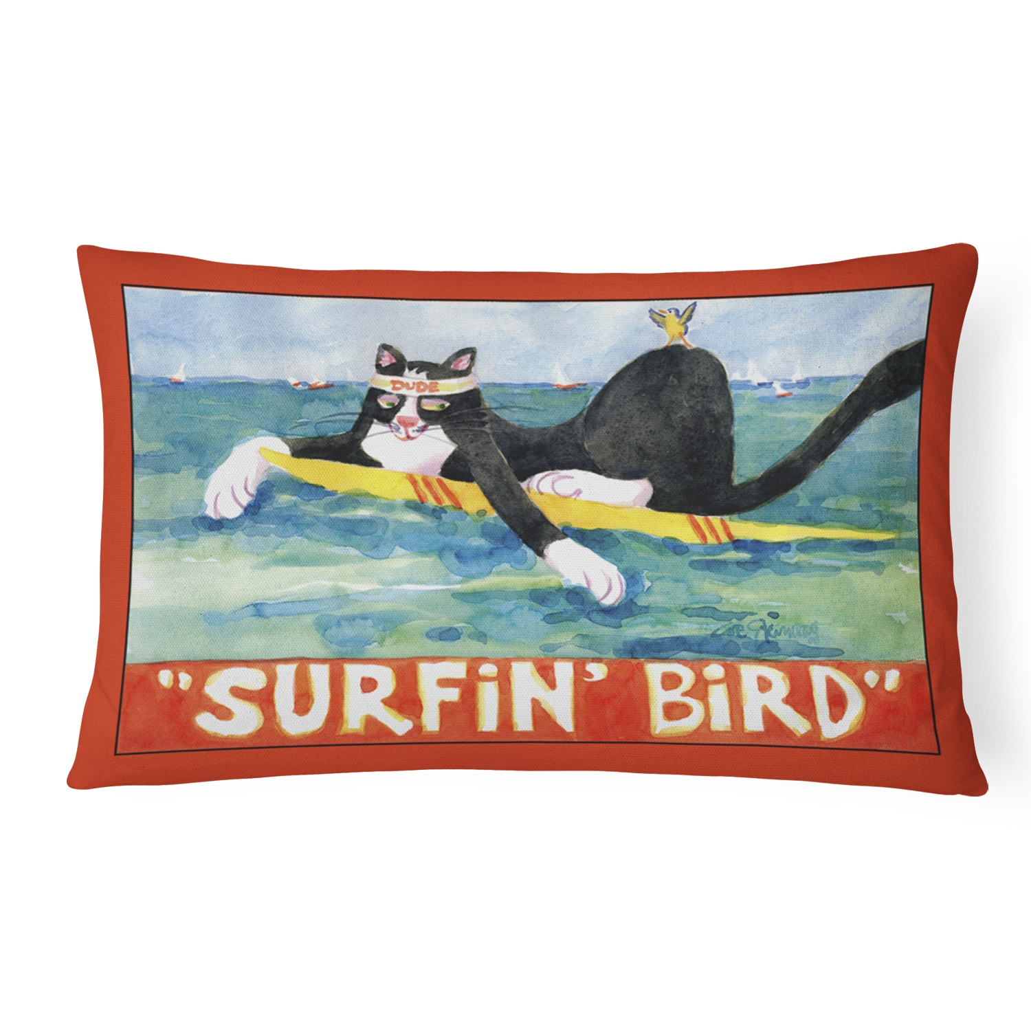 Carolines Treasures 6051PW1216 Black and white Cat Surfin Bird Indoor & Outdoor Decorative Fabric Pillow - 12 x 16 in.