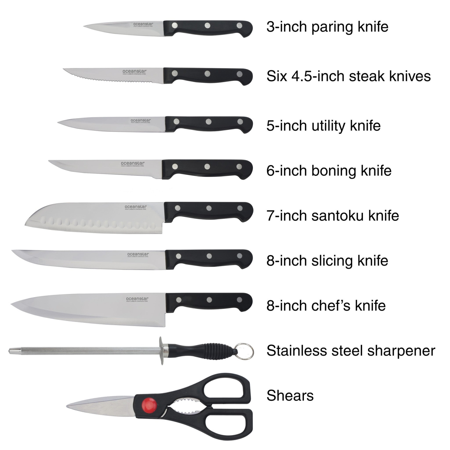 Oceanstar KS1187 Traditional 15-Piece Knife Set with Block Natural