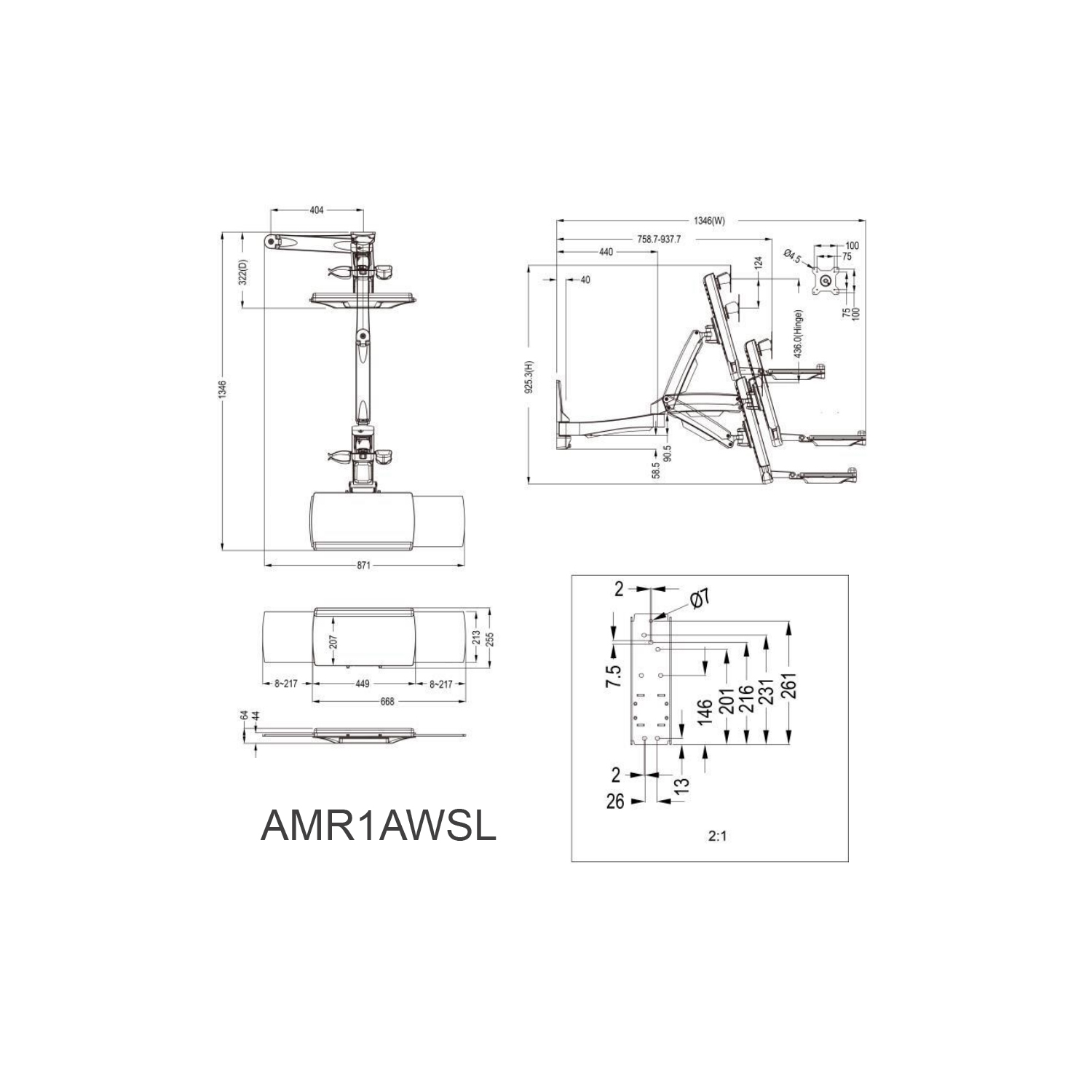 Amer Mounts Single Long Articulating Arm Wall Mount Workstation Support FlatPanel Size 32" AMR1AWSL