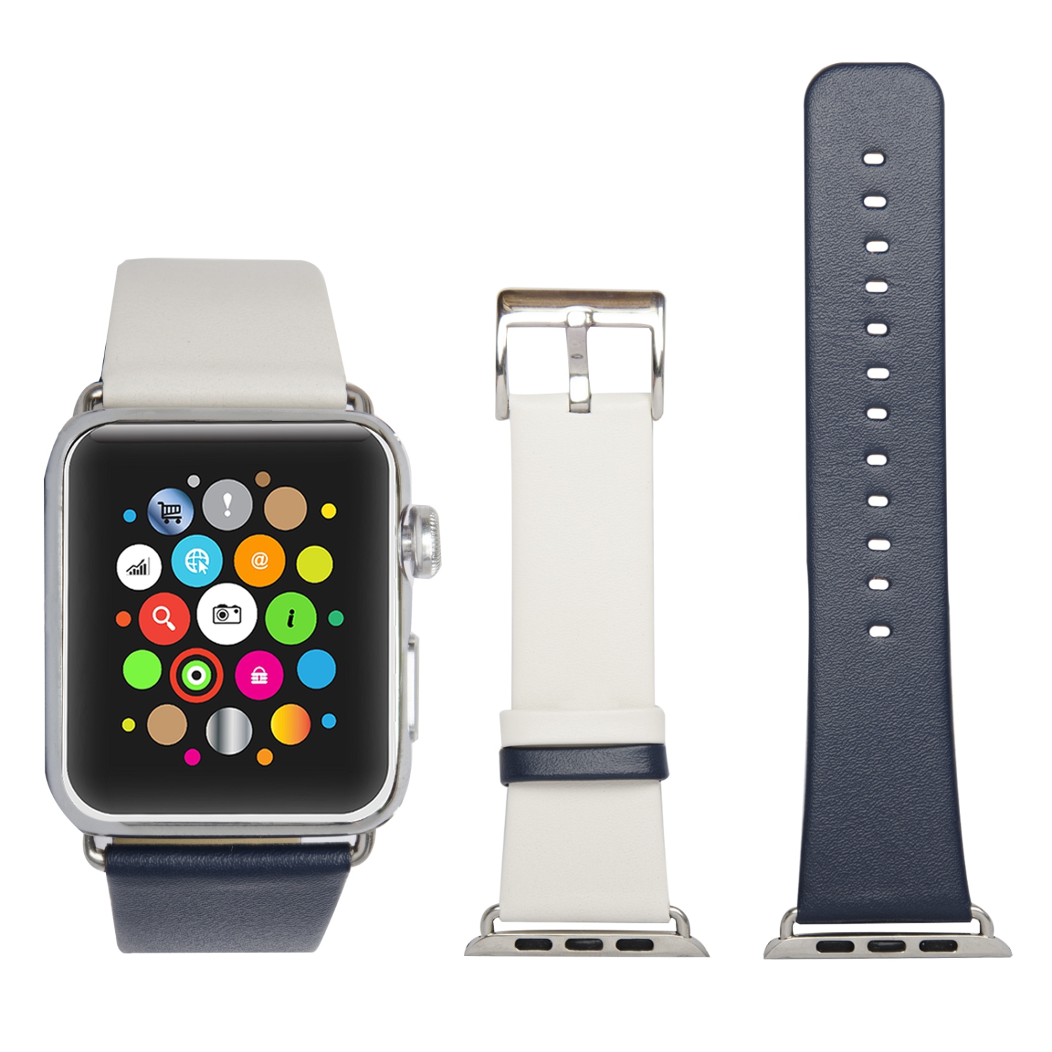 Bracelet remplacement revêtement caoutchouc Apple Watch, fermoir en métal inox pour iWatch Series 1/2/3/4/5/6/7/8 - 42/44 mm/45 mm - Bleu marine et