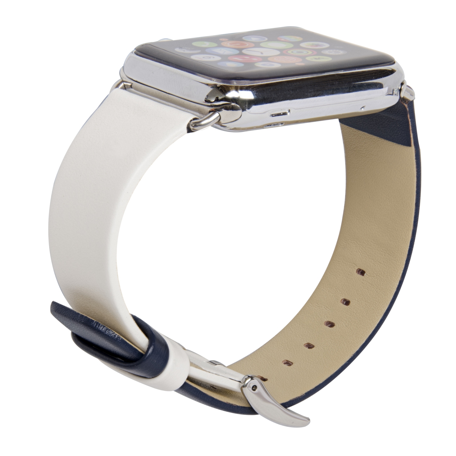 Bracelet remplacement revêtement caoutchouc Apple Watch, fermoir en métal inox pour iWatch Series 1/2/3/4/5/6/7/8 - 42/44 mm/45 mm - Bleu marine et