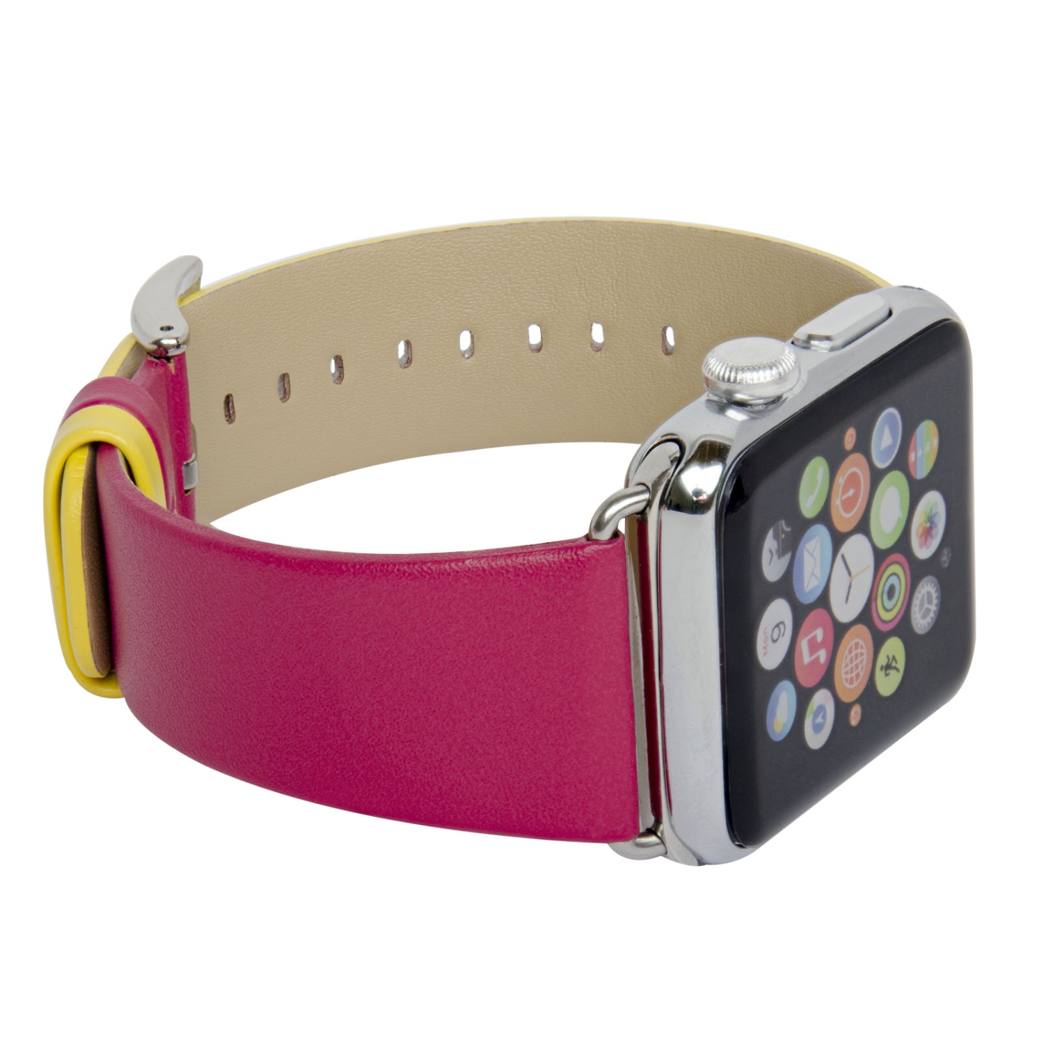 Rubber Skin Replacement Apple Watch Band with Stainless Metal Clasp for iWatch Series 1/2/3/4/5/6/7/8 - 42mm/44mm/45mm - Hot Pink & Yellow