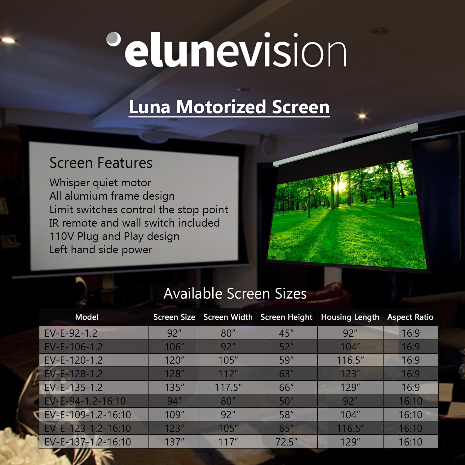 Elunevision Luna 128” 1.2-16:9 Motorized Projector Screen