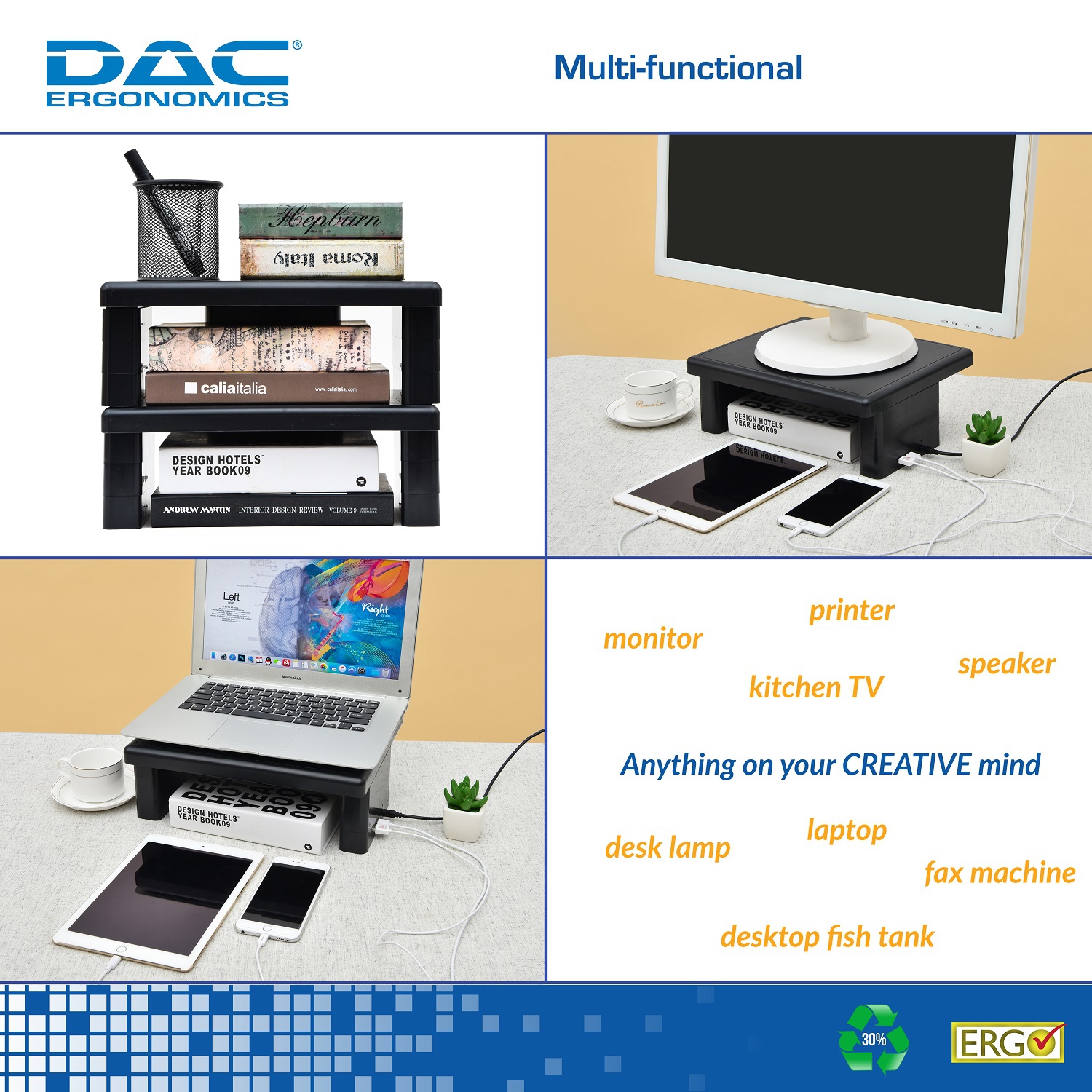 DAC Ergonomics Height Adjustable Desktop Computer Monitor Stand, Monitor Riser, Laptop Riser with 2 USB Charging Ports, Medium Size, Black