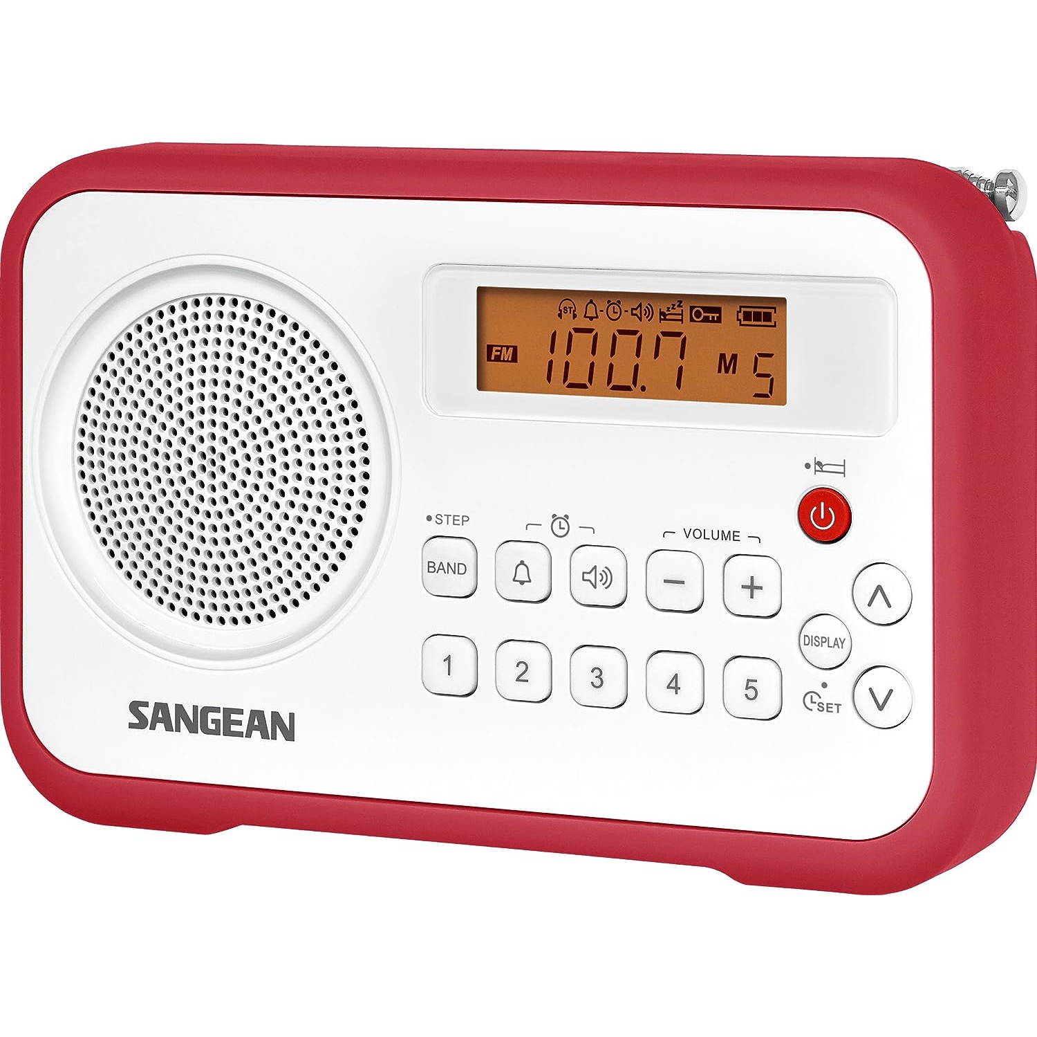 Sangean AM/FM/Clock Portable Digital Radio with Protective Bumper PR-D18RD (White/Red)