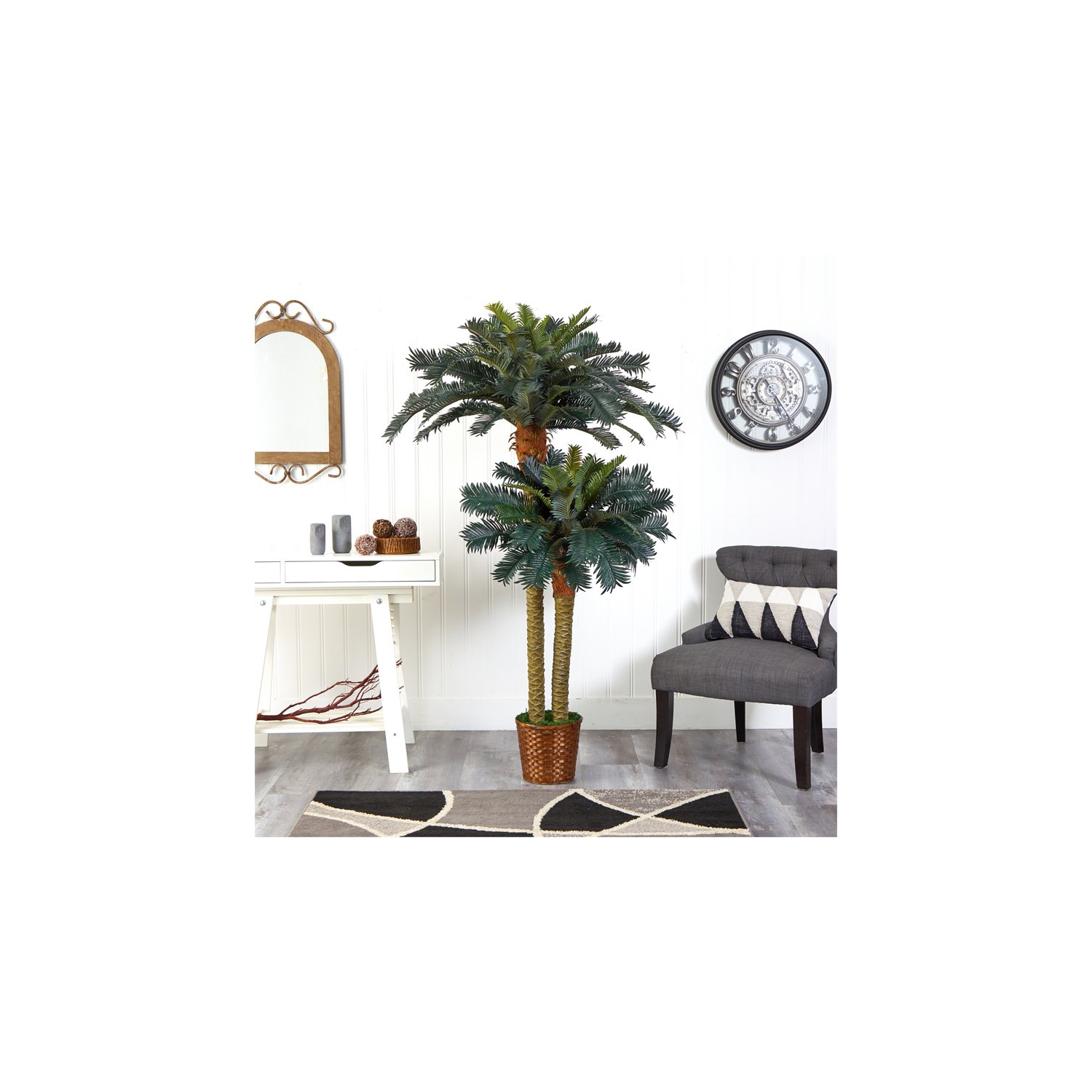 Arbre en soie en pot à double paume de 72 et 48 po de Sago, vert/brun