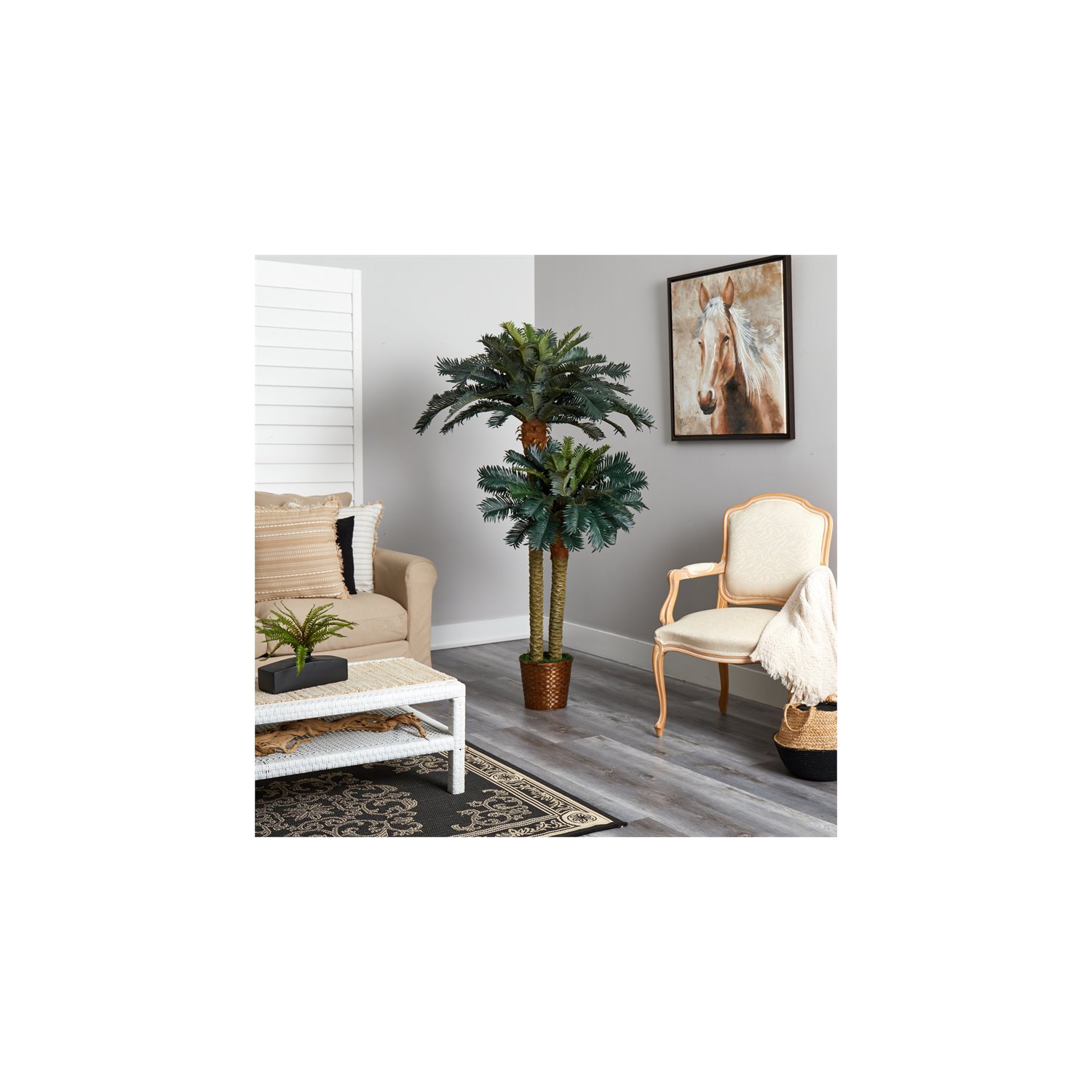 Arbre en soie en pot à double paume de 72 et 48 po de Sago, vert/brun