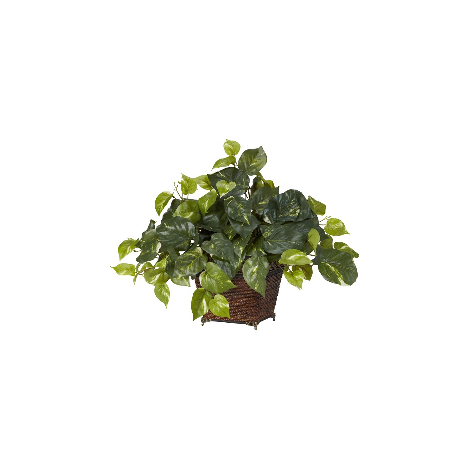 Nearly Natural Pothos with Coiled Rope Planter Silk Plant in Green/Brown