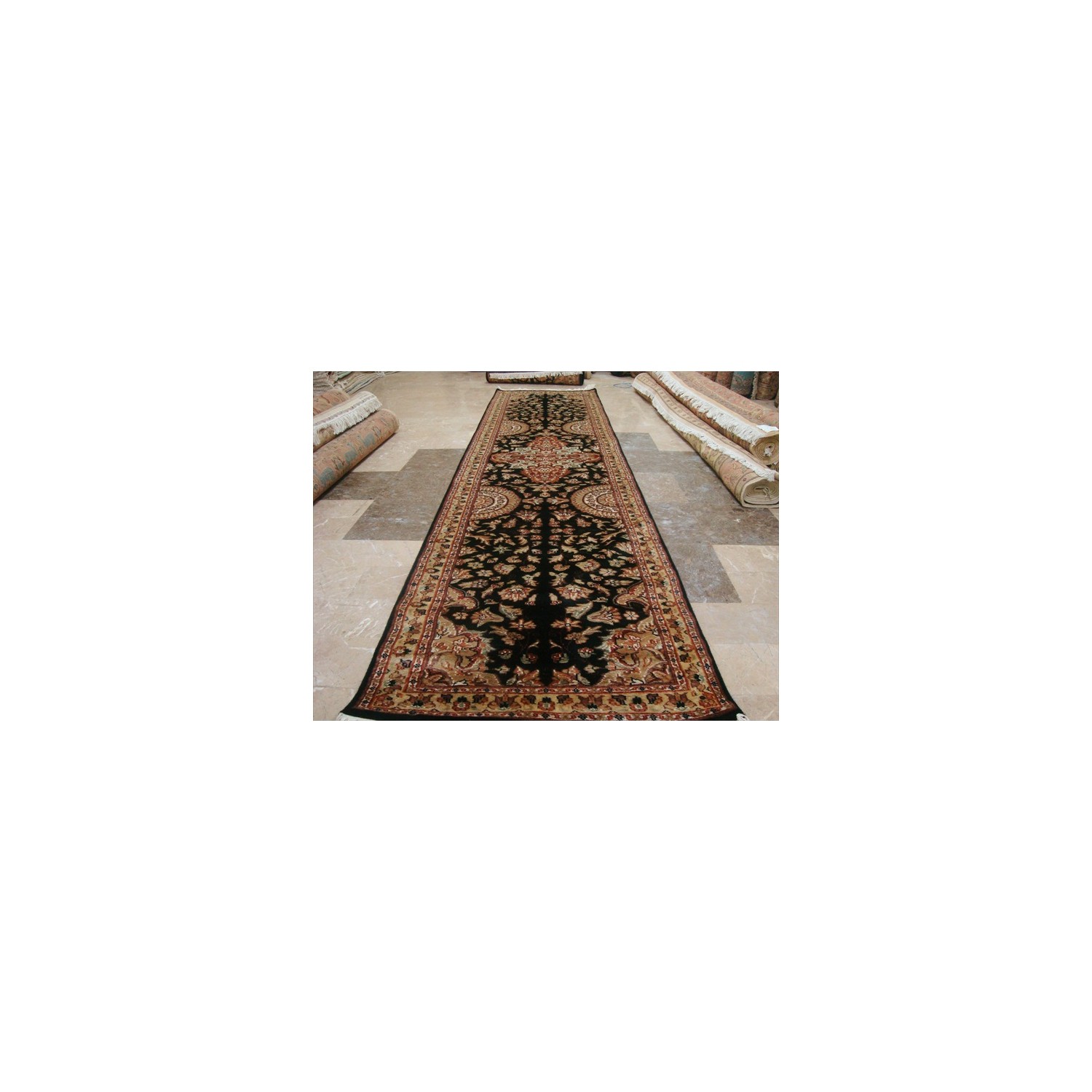 Rare Hot Black Flowers Lively Soft Hand Knotted Carpet Hall Way Runner Rug'