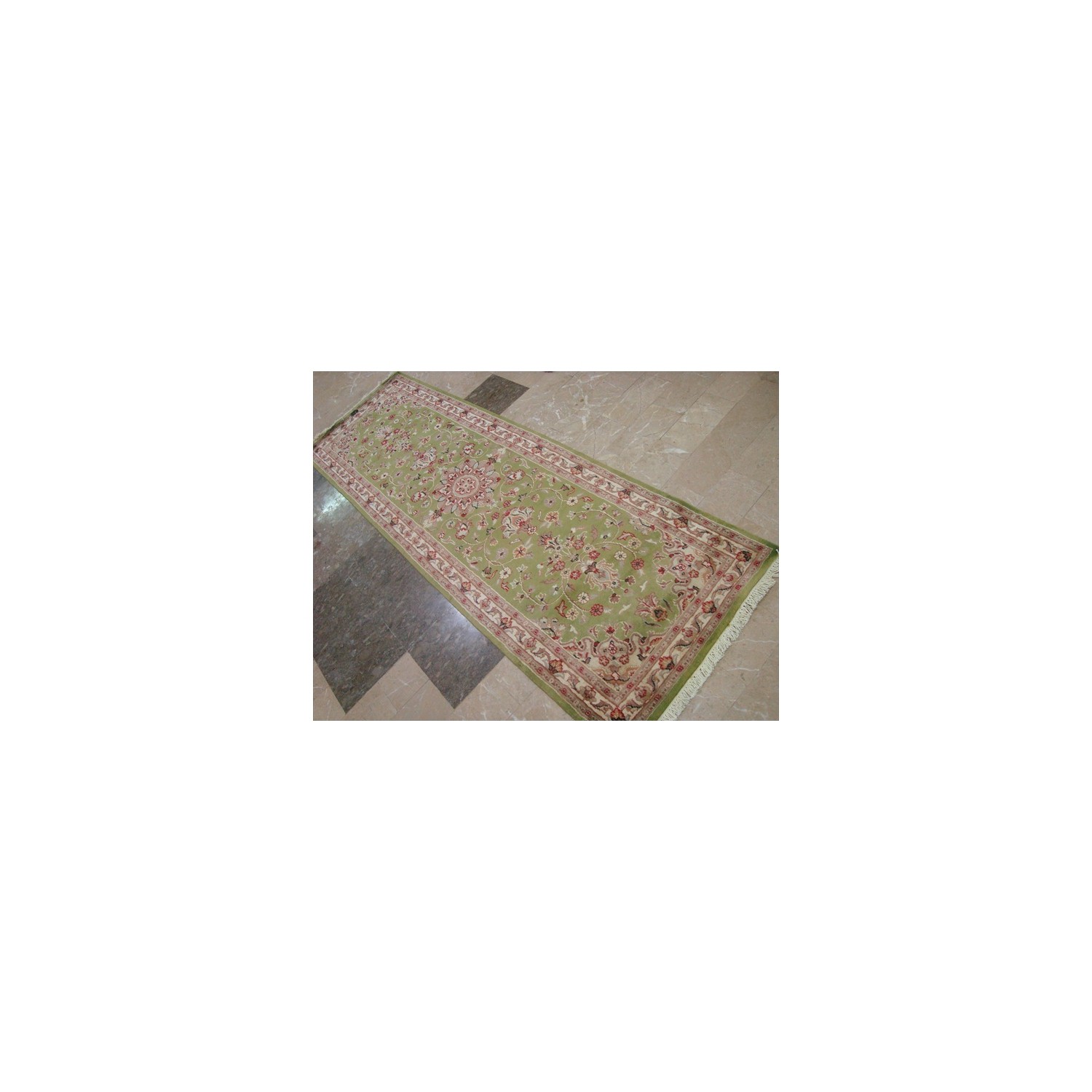 Ahmedani Exclusive Floral Kashan Soft Hand Knotted Hall Way Rug 7.11' x 2.7' Hallway Runner - Green
