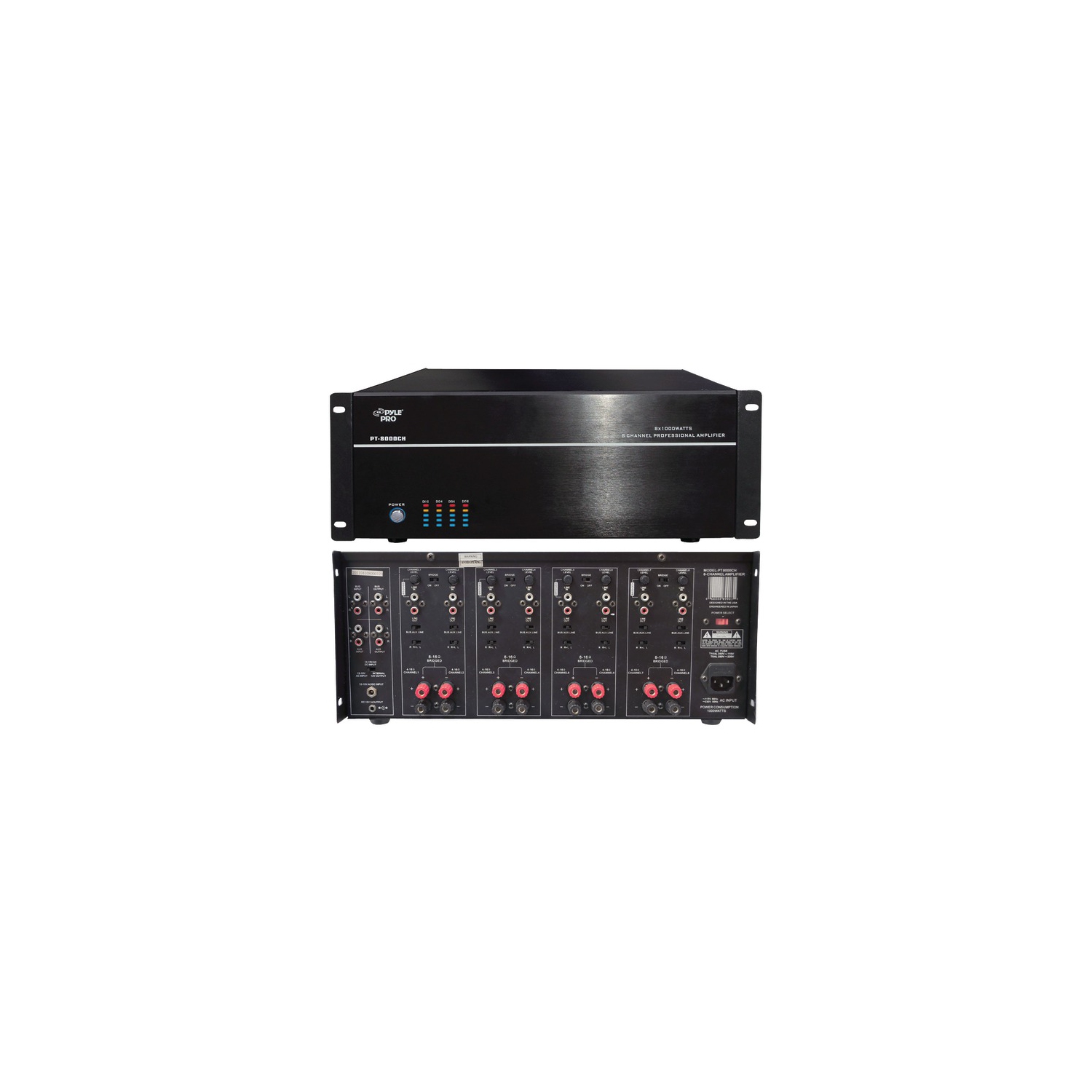 PyleHome PT8000CH 19 in. Rack Mount 8000 Watt 8 Channel Stereo-Mono Amplifier