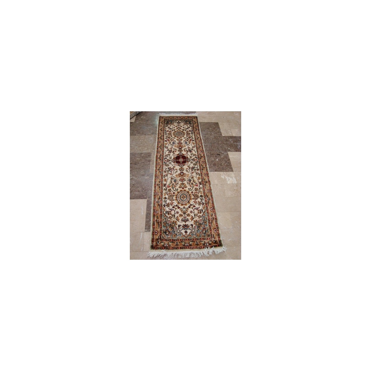 Love Ivory Floral Medallion Hand Knotted Runner Rug Wool Silk Carpet'