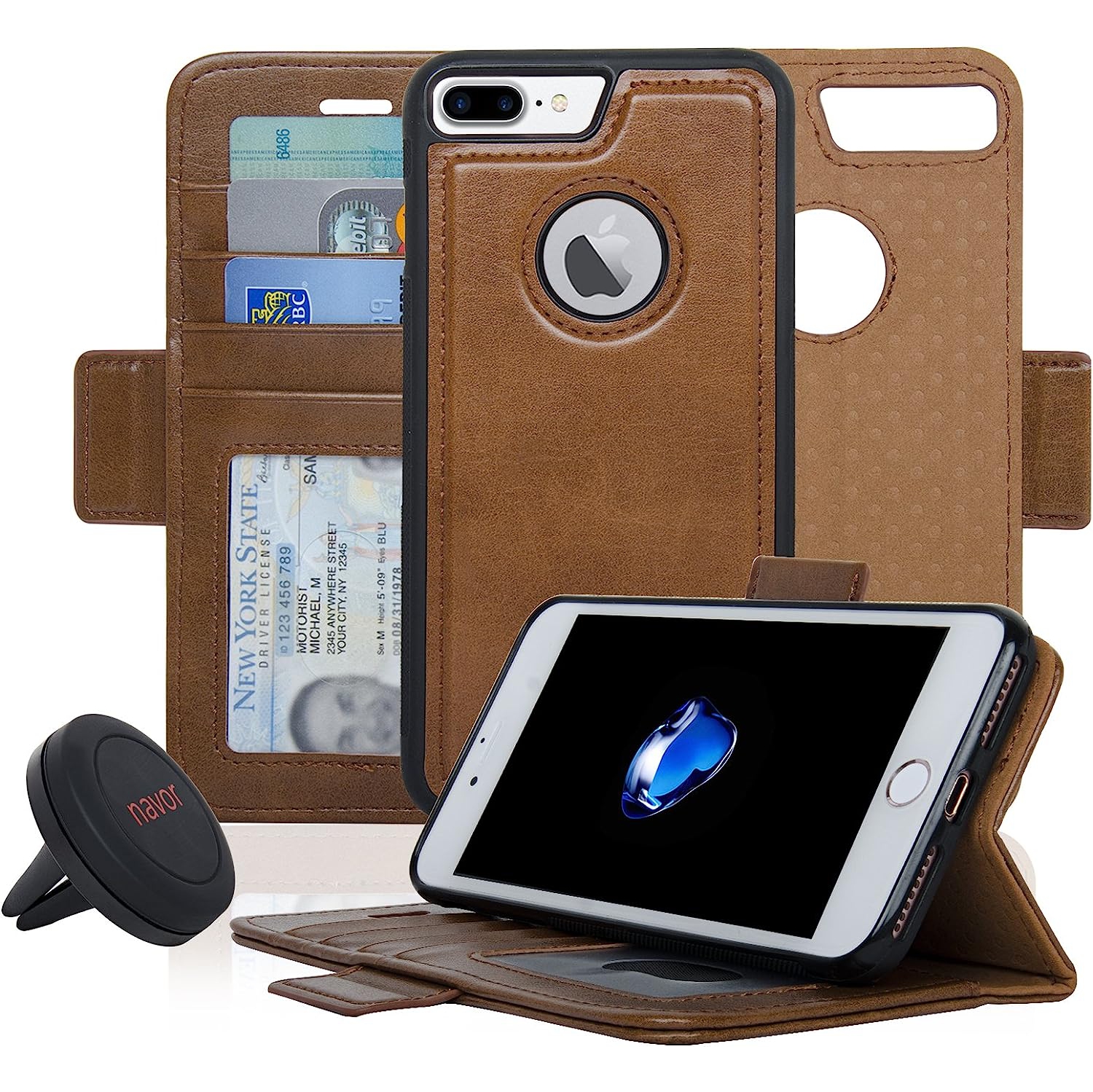 Étui portefeuille magnétique amovible et support universel pour l'auto de Navor compatible avec iPhone 7 plus [protection RFID] [série Vajio] - Brun