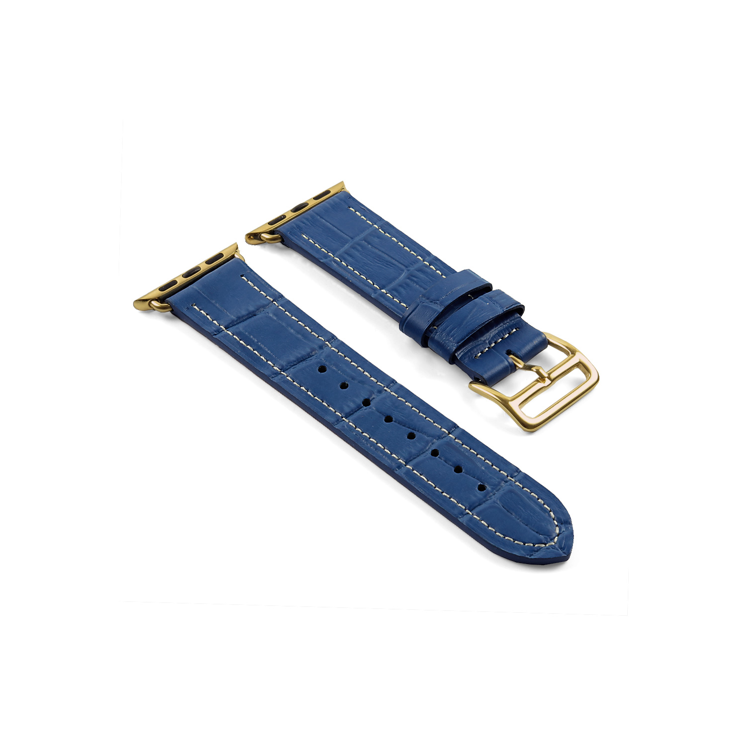 DASSARI Croc Embossed Leather Strap Band for 38mm Apple Watch w/ Hermes Yellow Gold Buckle in Blue