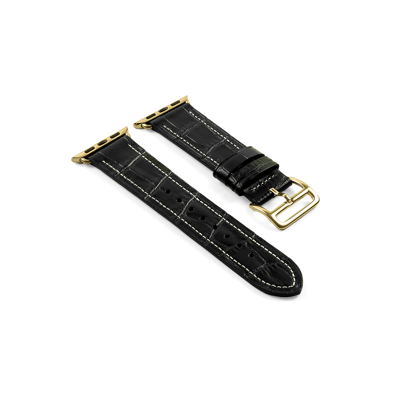 DASSARI Croc Embossed Leather Strap Band for 42mm Apple Watch w/ Hermes Yellow Gold Buckle in Black