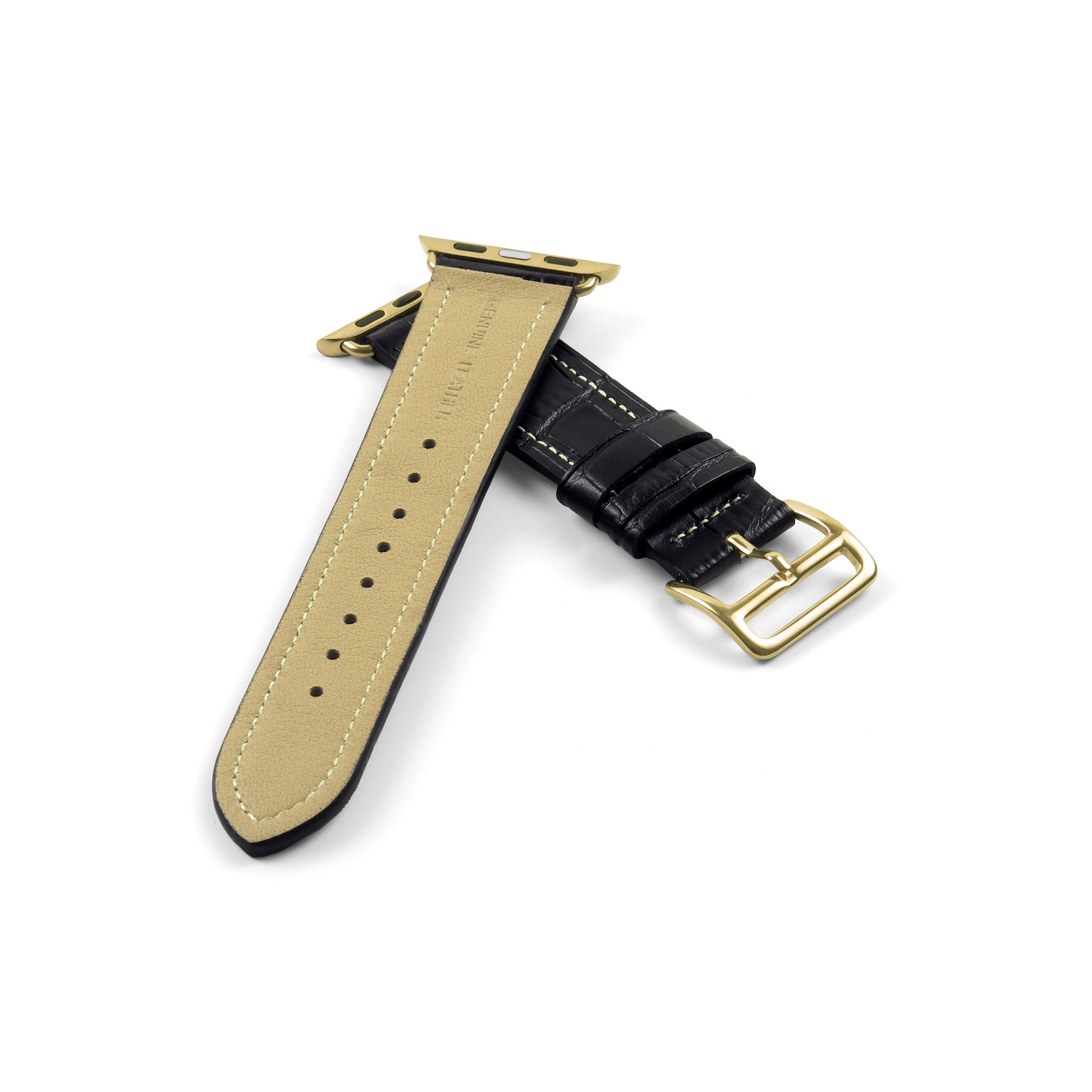 DASSARI Croc Embossed Leather Strap Band for 42mm Apple Watch w/ Hermes Yellow Gold Buckle in Black