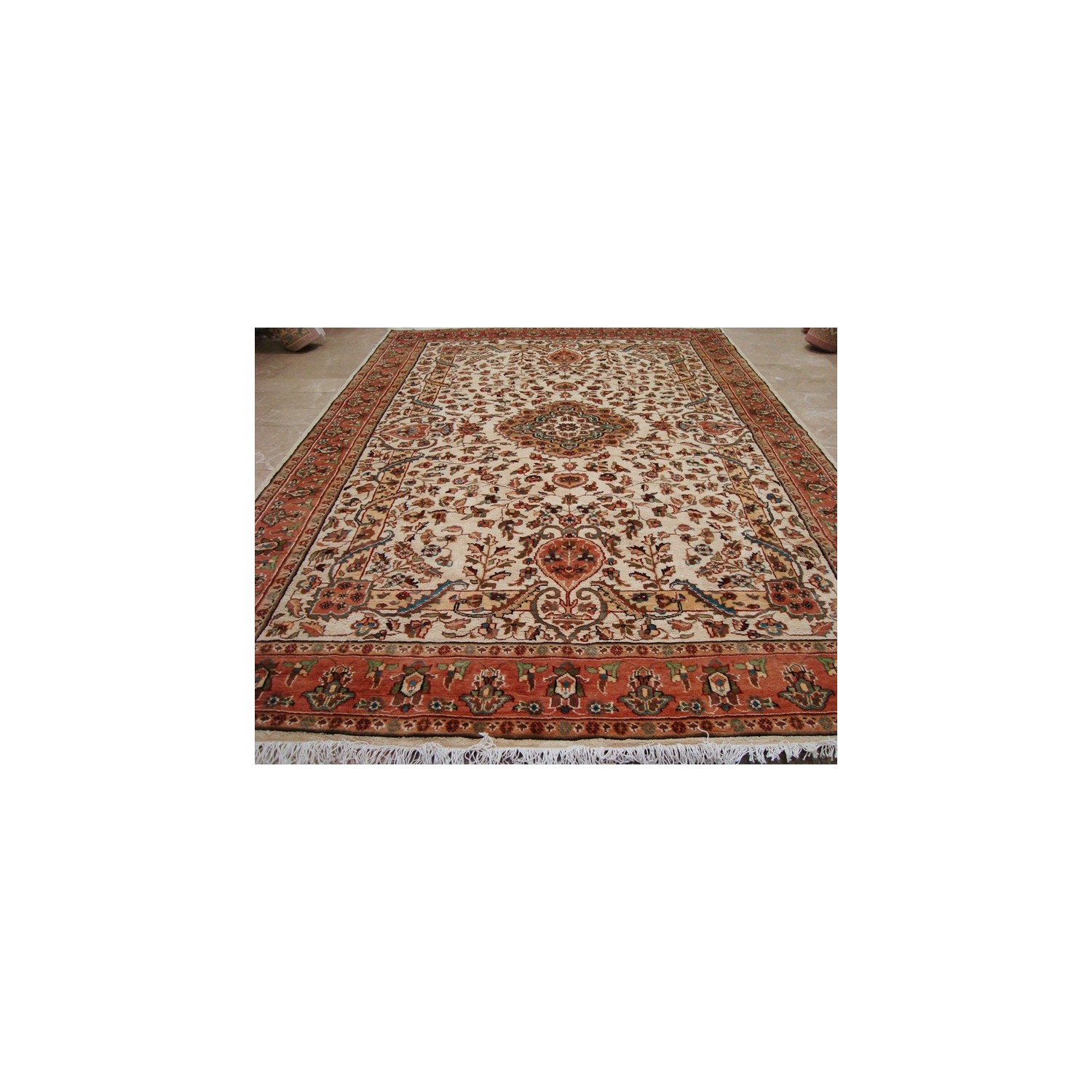 Wow Pestal Ivory Medallion Vaas Rectangle Area Rug Hand Knotted Wool Silk Carpet'