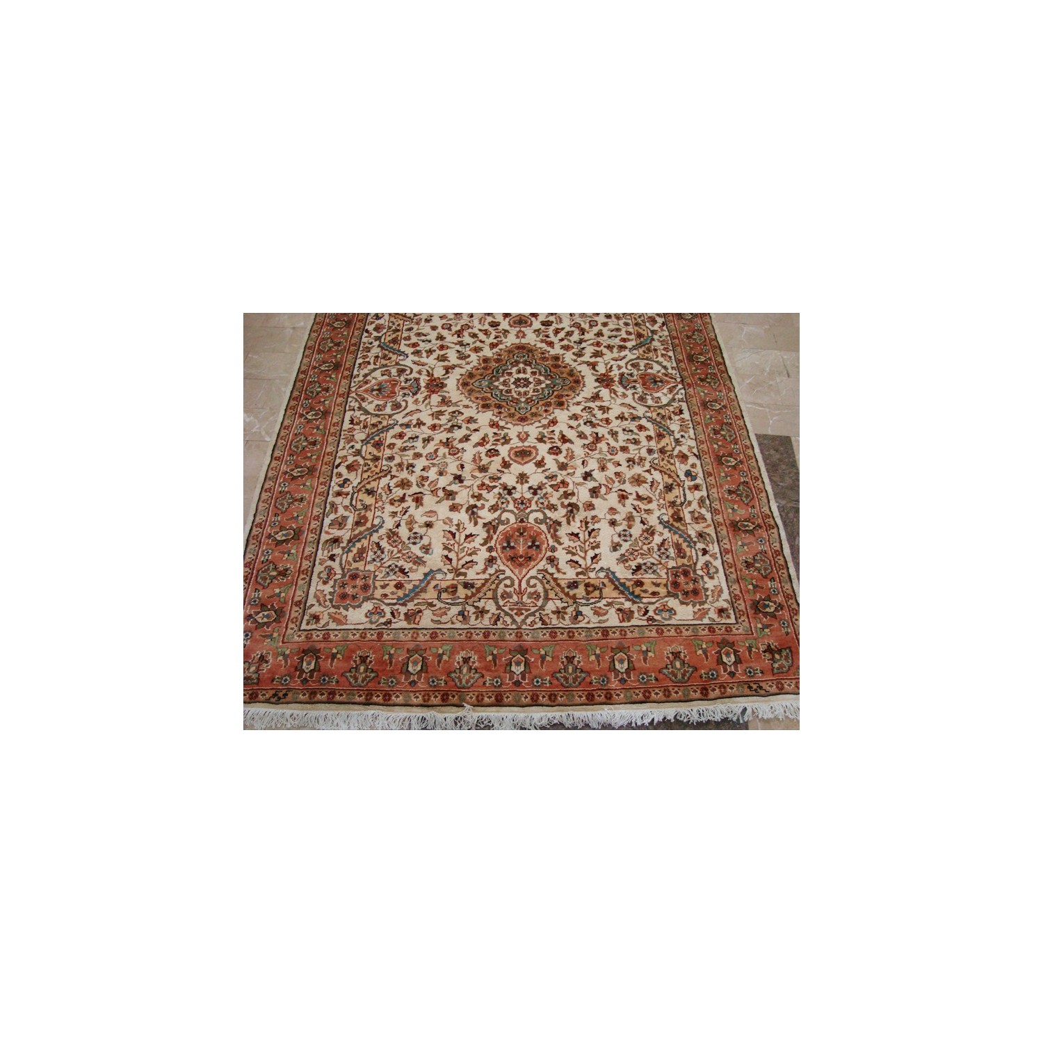 Wow Pestal Ivory Medallion Vaas Rectangle Area Rug Hand Knotted Wool Silk Carpet'