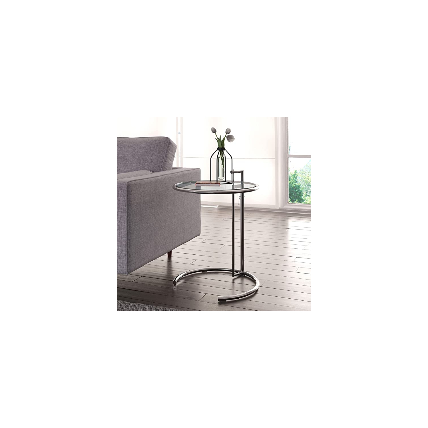 Eileen Gray Furniture® Nicer Side Table basse réglable en verre trempé cercle supérieur et cadre en acier inoxydable Tublar