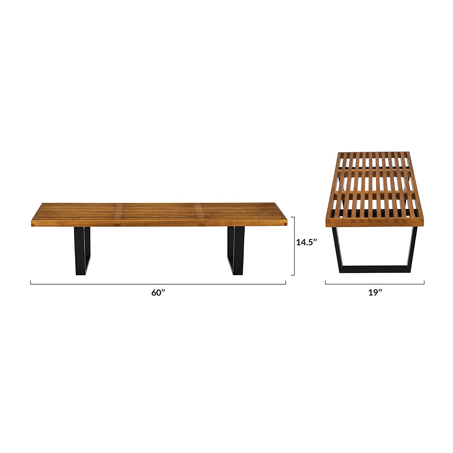 Nicer Furniture® George Nelson Platform Bench with Hardwood Top Finish and Black Painted Solid Wood Legs Walnut Finish 5 Feet