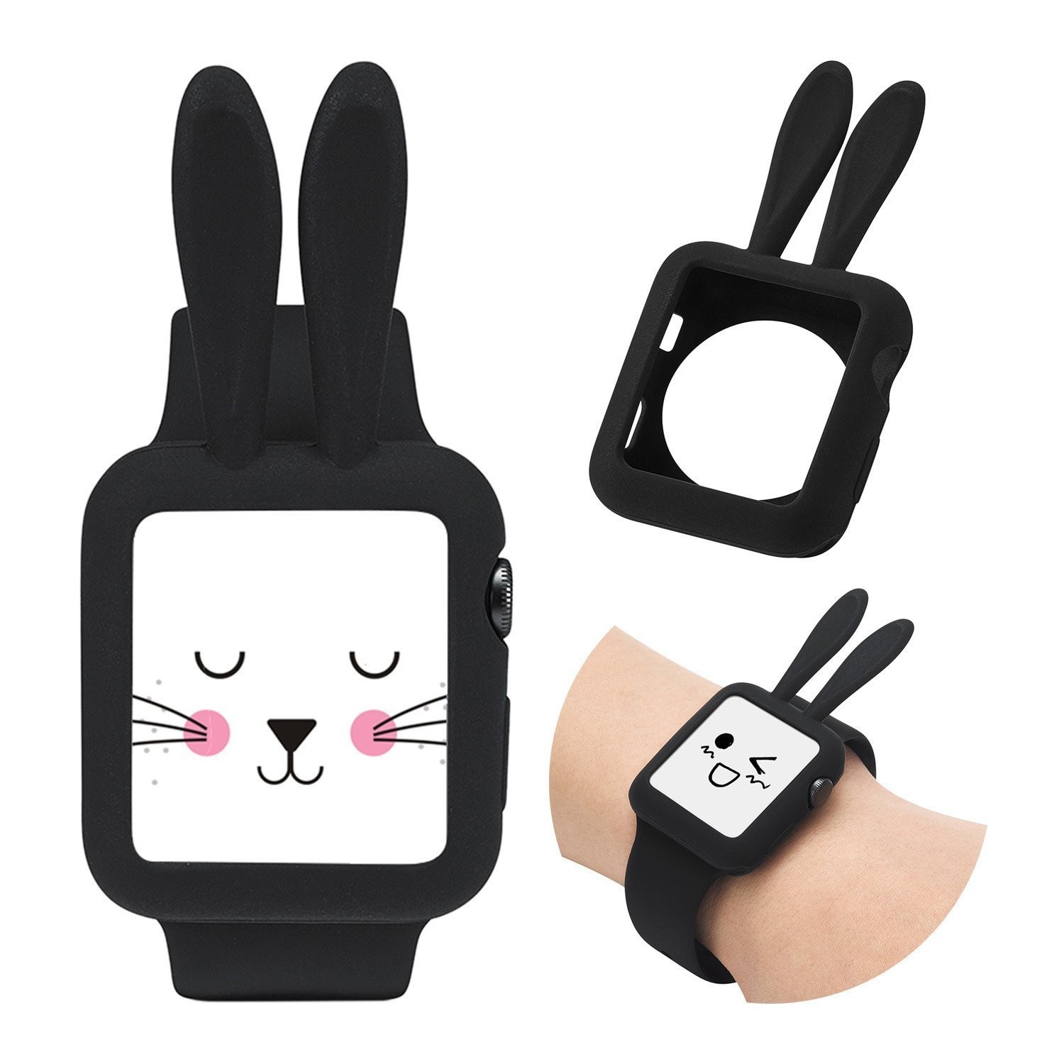 Étui en silicone souple et silicone adorable avec oreilles de lapin pour Apple Watch Series 1 et 2 de 42 mm