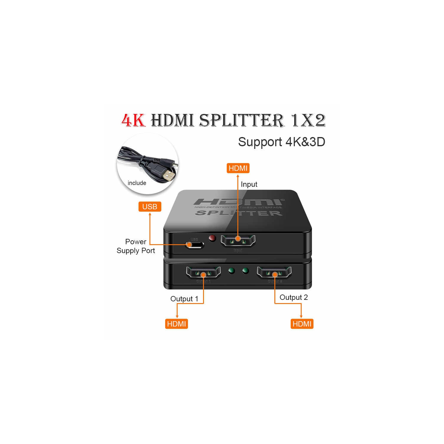 HYFAI HDMI Splitter 1 in 2 Out,Ultra HD 4K@30Hz 1x2 Amplifier Hub Supports 4Kx2K@30Hz 1080P 3D 2160P for DVD Player TV Box