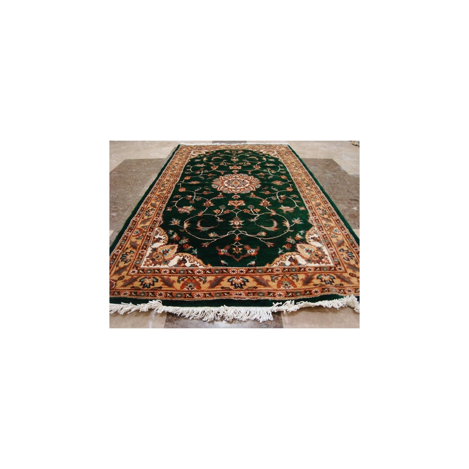 Exclusive Dark Green Floral Medallion Area Rug Hand Knotted Wool Silk Carpet'