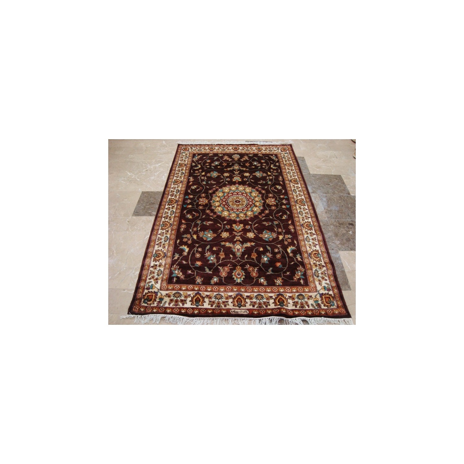 Love Dark Mehroon Red Floral Area Rug Hand Knotted Wool Silk Carpet'