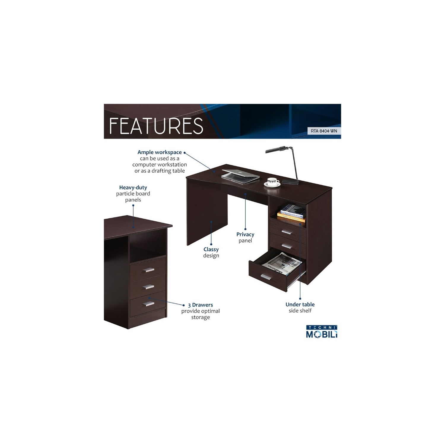 Techni Mobili Classy Computer Desk with 3 Drawers in Espresso