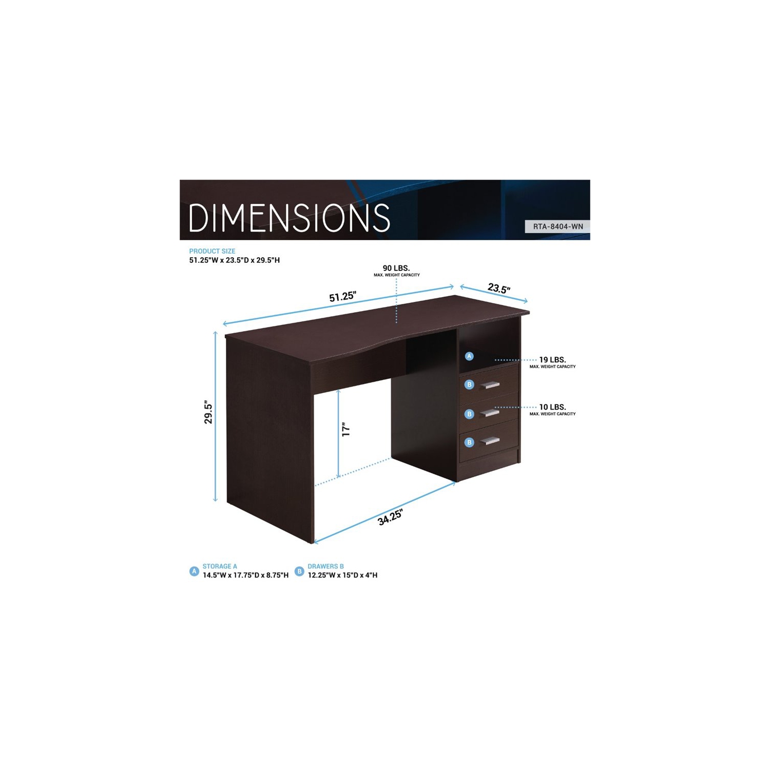 Techni Mobili Classy Computer Desk with 3 Drawers in Espresso