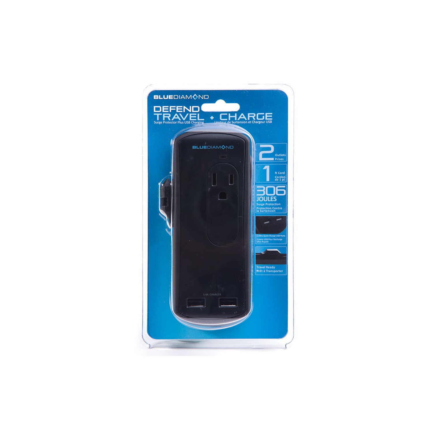 BlueDiamond Defend Travel + Charge 2 Surge Protected Outlets|1ft Flat Power Cord|Two Ultra Quick Charge USB Type A Ports- 3.4 Amp|Surge Protection