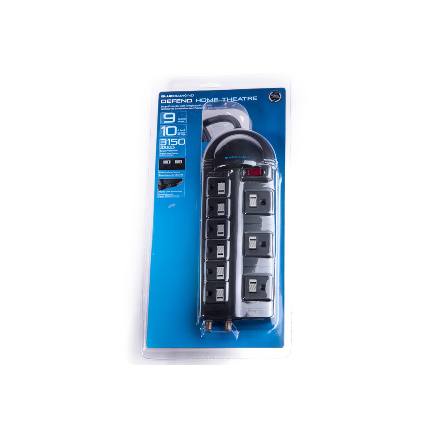 BlueDiamond Defend Home Theatre 9 Oulets Surge Protector|10ft Heavy Duty Power Cord|Phone Line Protection|COAX Protection|Child Safety Covers|3150