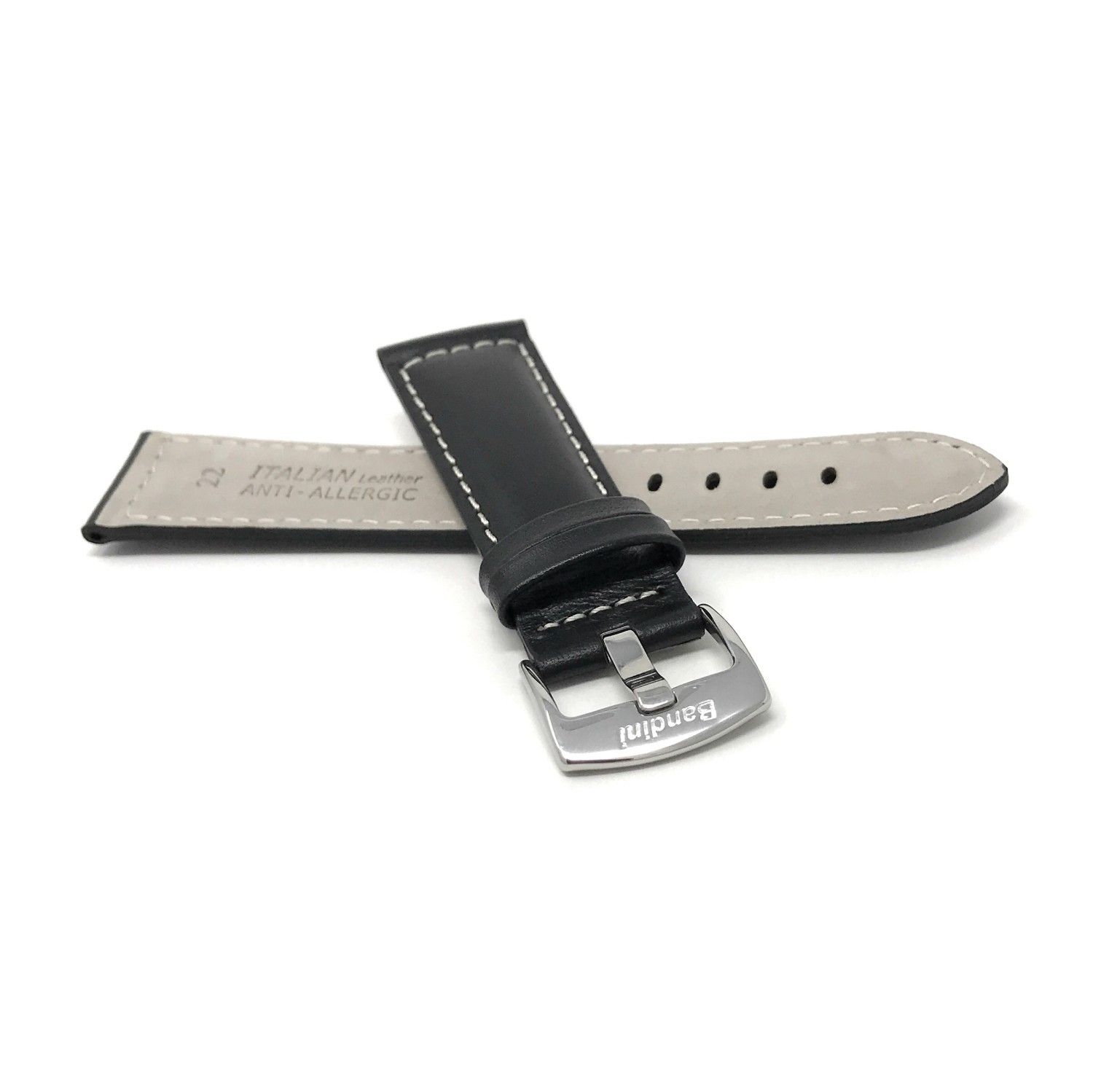 22mm Black Leather Smartwatch Strap for Motorola 360, Samsung S3 Classic, Fossil Q, White Stitching